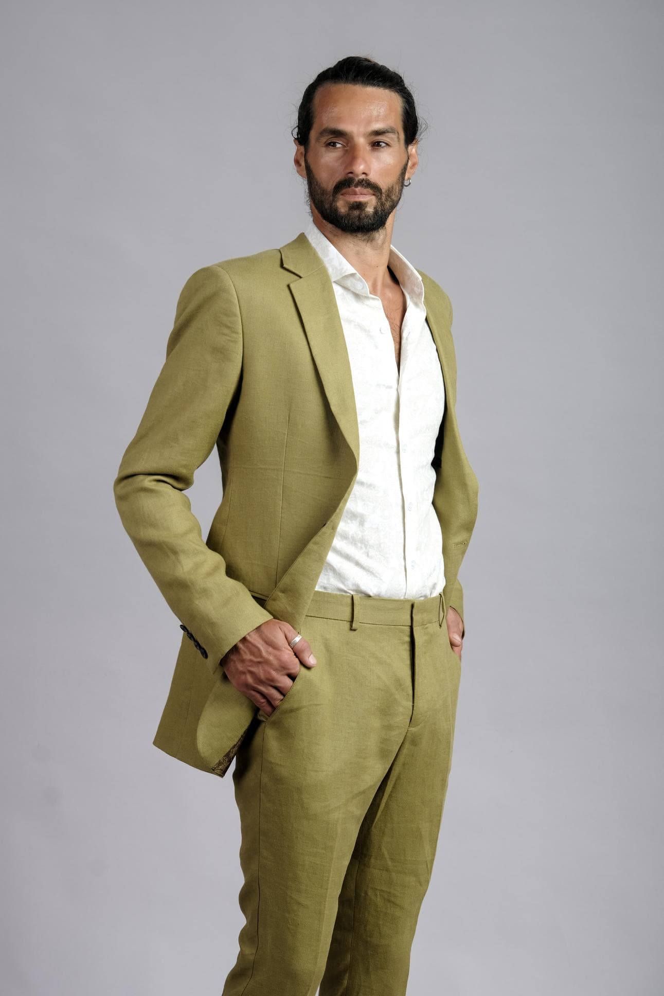 OLIVE ESSENCE SLIM-FIT LINEN JACKET