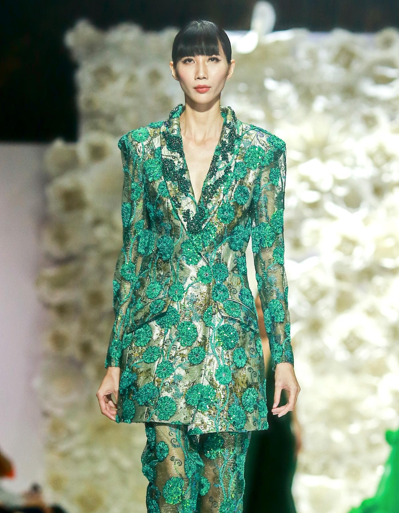 GREEN LACE OVER BROCADE LONG JACKET