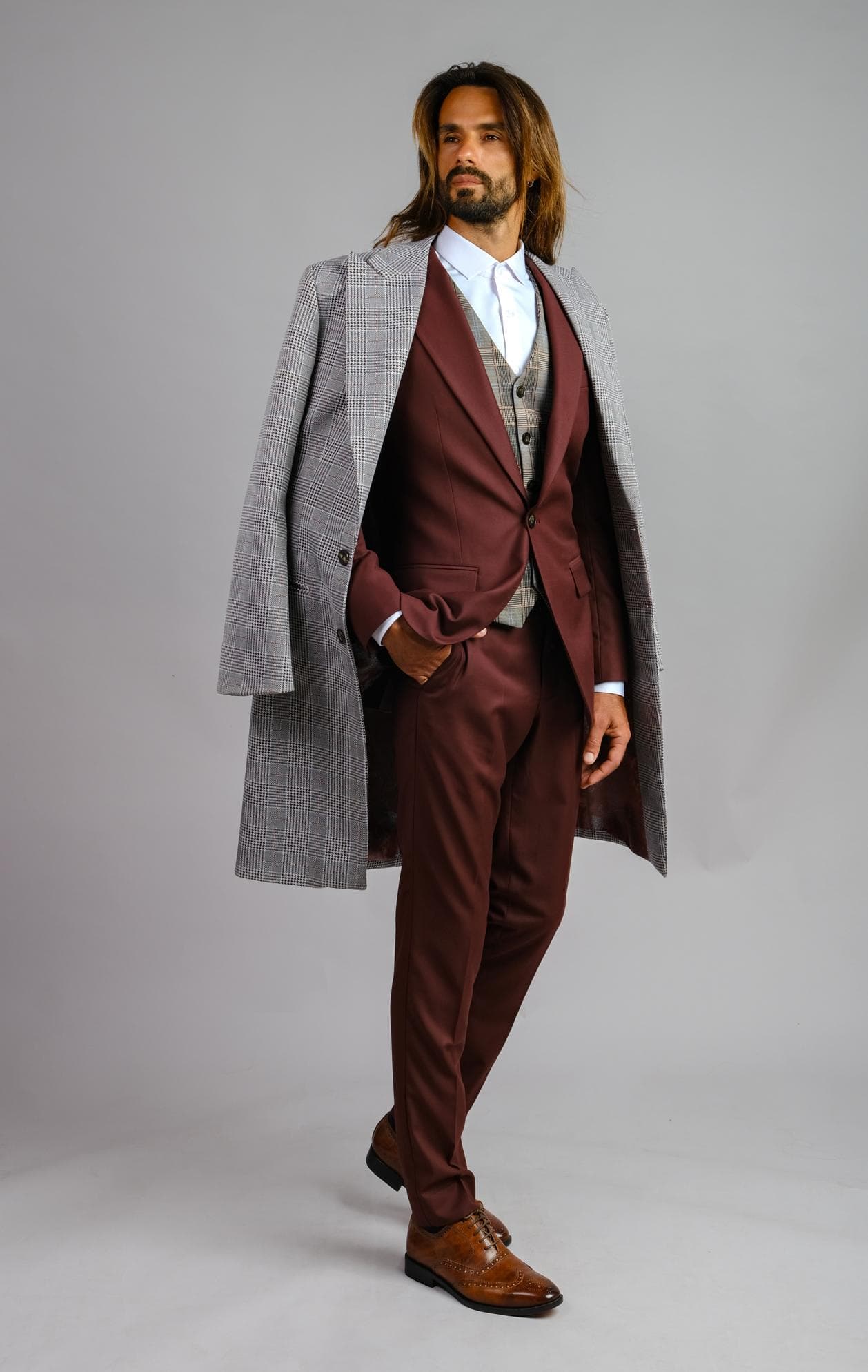 ITALIAN BURGUNDY 3-PIECE SUIT & OVERCOAT