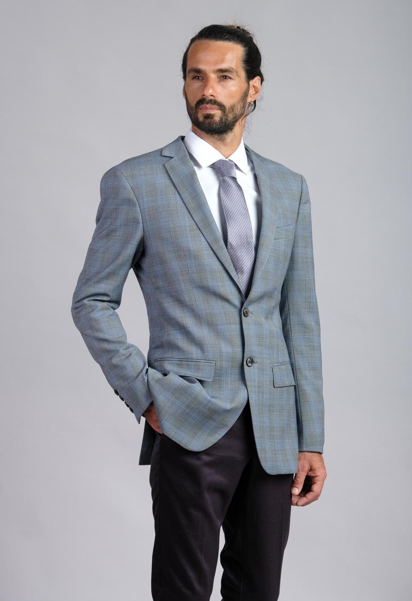 LUXURIOUS GREY & BLUE CHECK WOOL JACKET