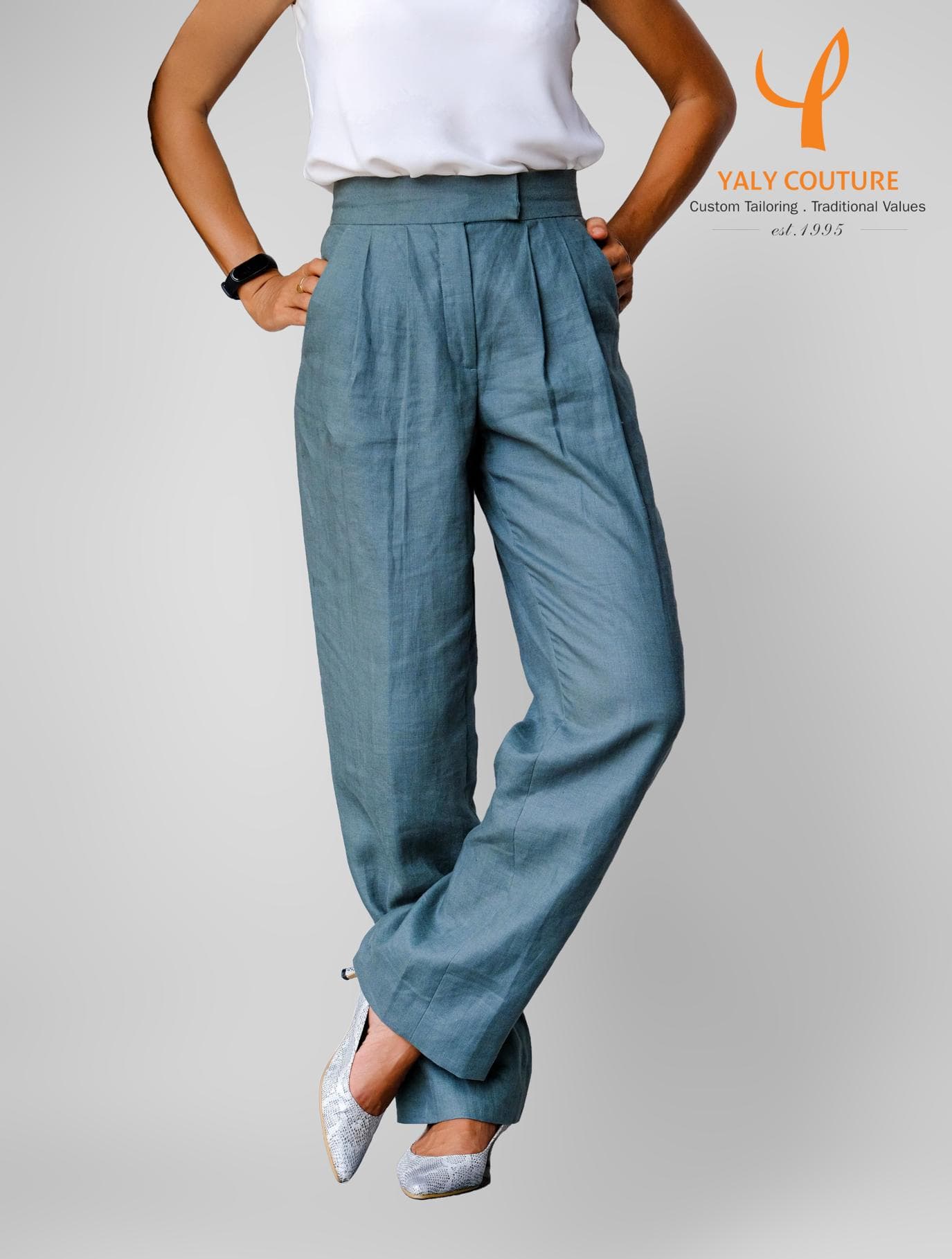 GREEN LINEN PLEATED TROUSERS