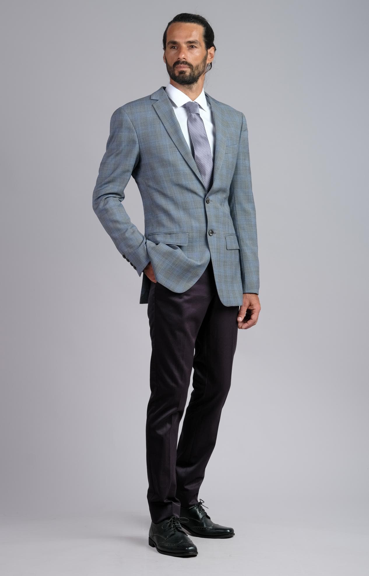 CHECK WOOL JACKET & DARK BLUE COTTON PANTS 2-PIECE SUIT