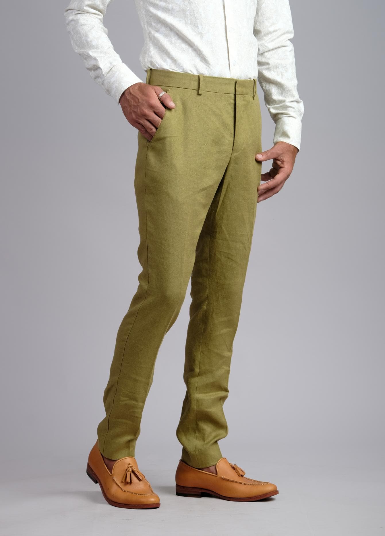 OLIVE ESSENCE SLIM-FIT LINEN TROUSERS