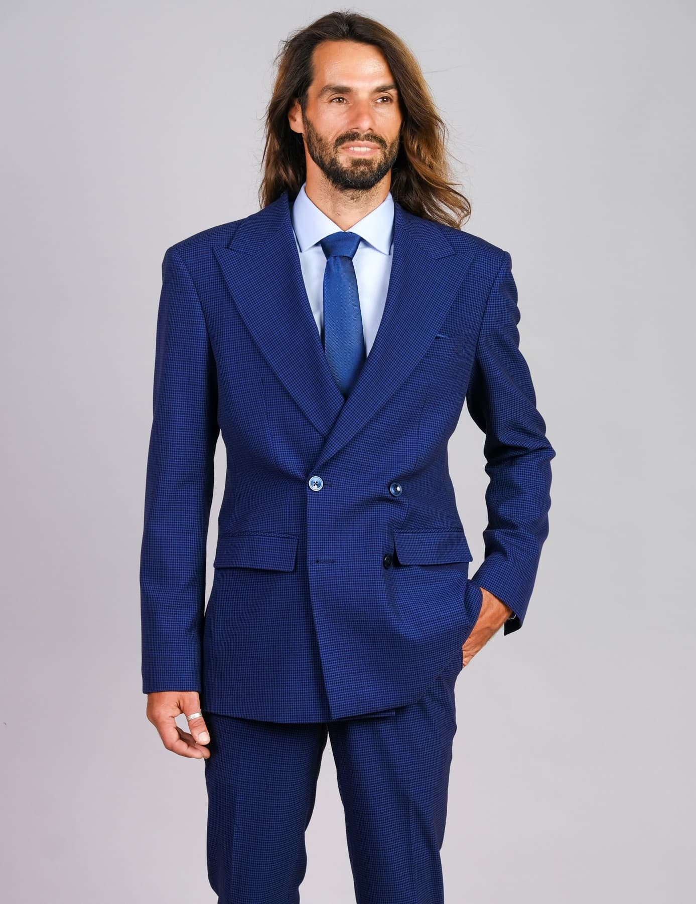 BLUE CHECK DOUBLE-BREASTED WOOL JACKET