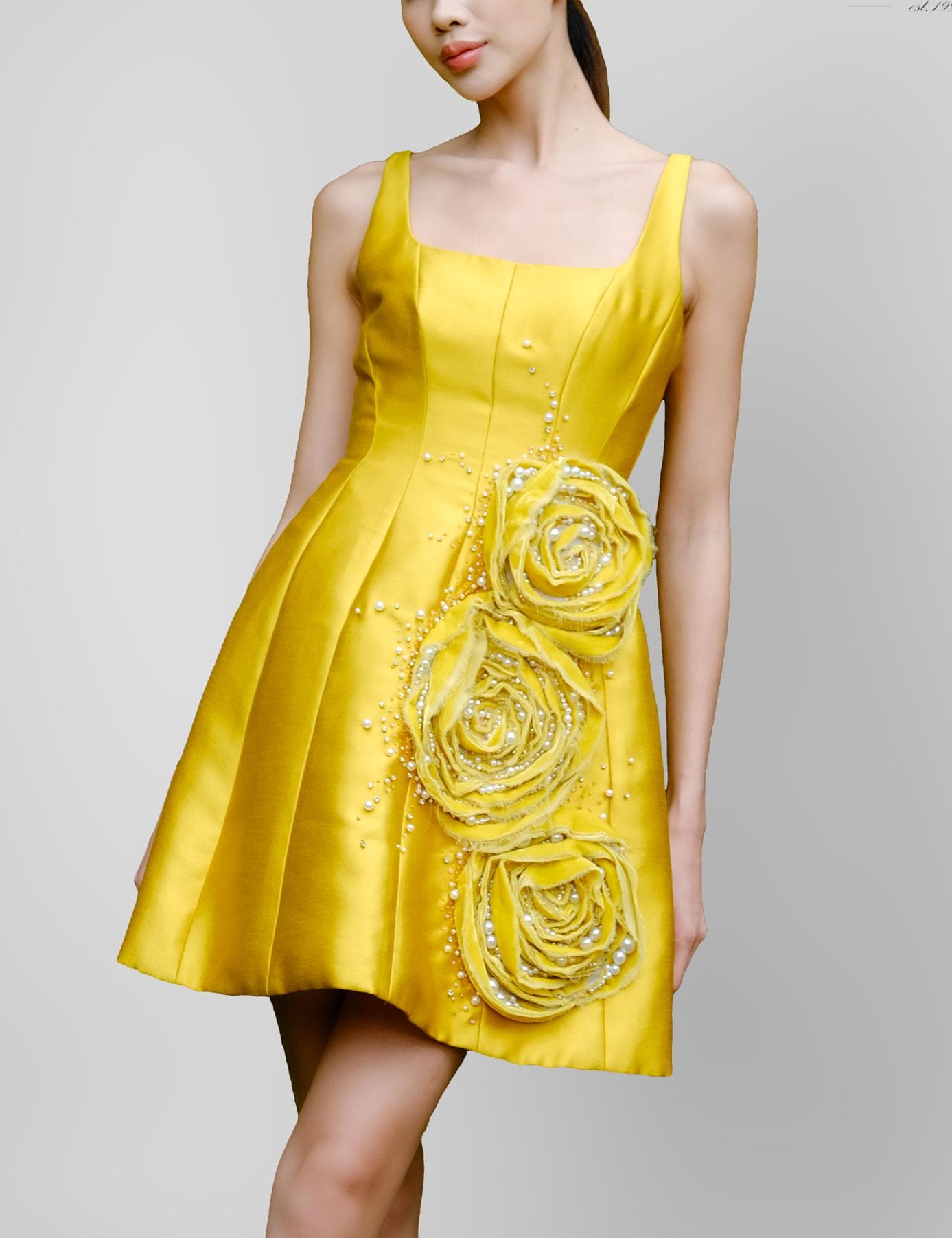 THREE ROSES YELLOW BROCADE MIDI DRESS 