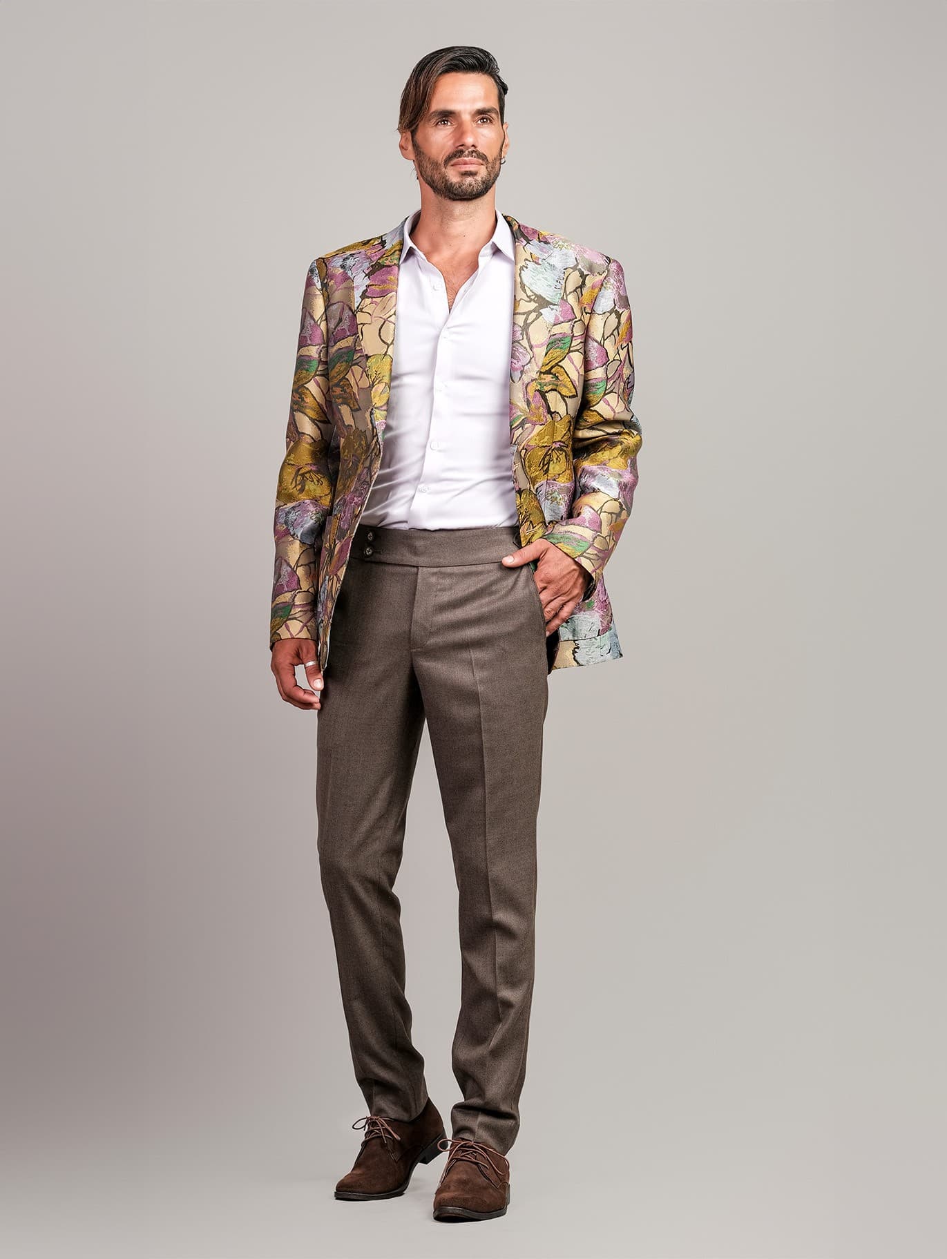 JACKET GẤM HỌA TIẾT VÀ QUẦN Ý 