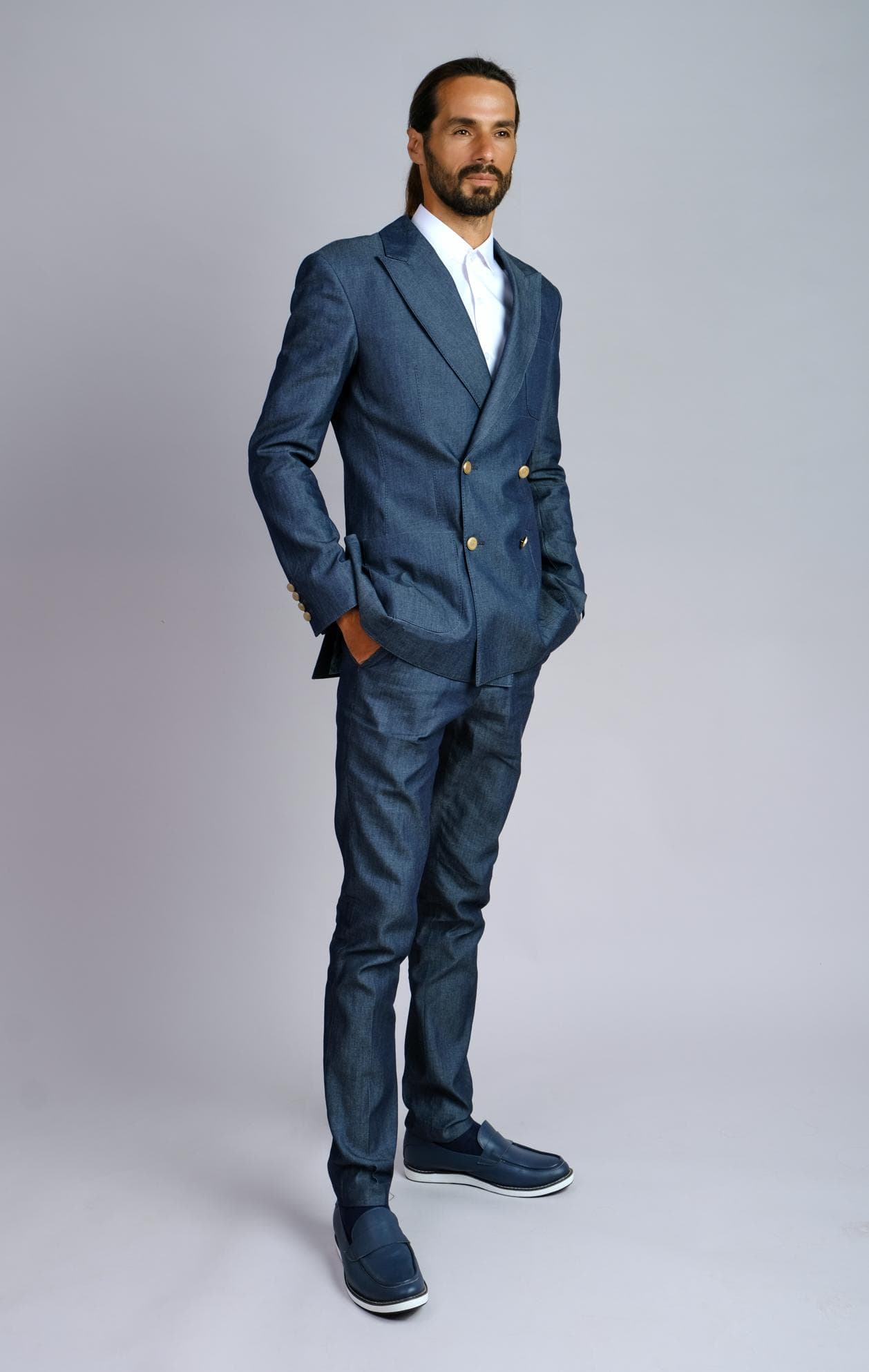 BLUE DENIM DOUBLE BREASTED 2-PIECE SUIT