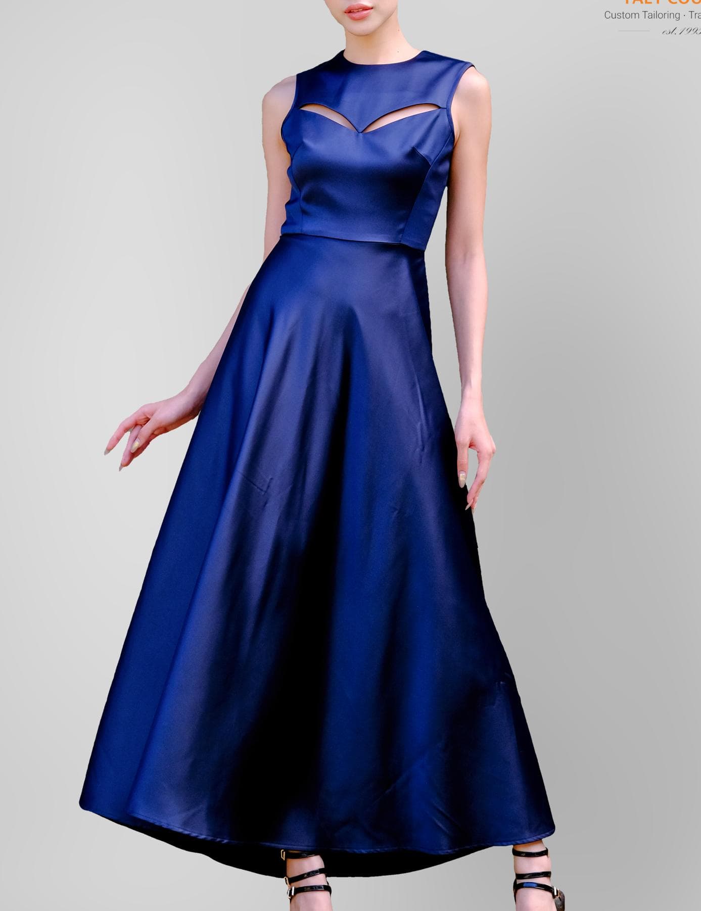 MIDNIGHT SILK FLARED HEM EVENING DRESS