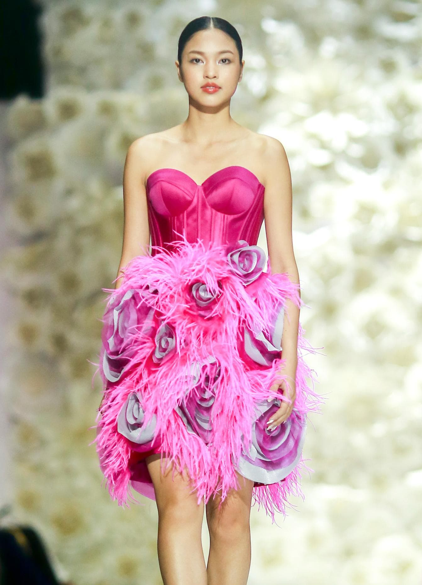 PINK BUSTIER DRESS WITH FEATHER & ROSES