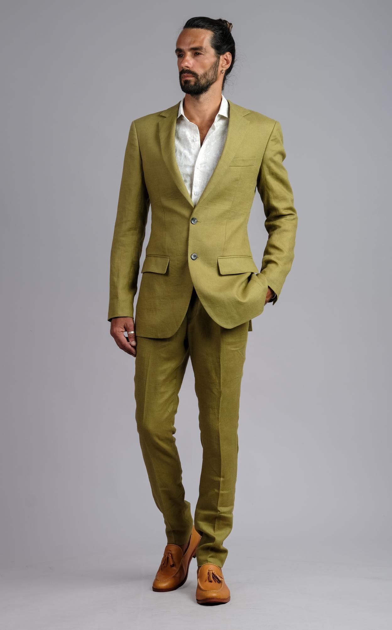 OLIVE ESSENCE SLIM-FIT LINEN 2-PIECE SUIT