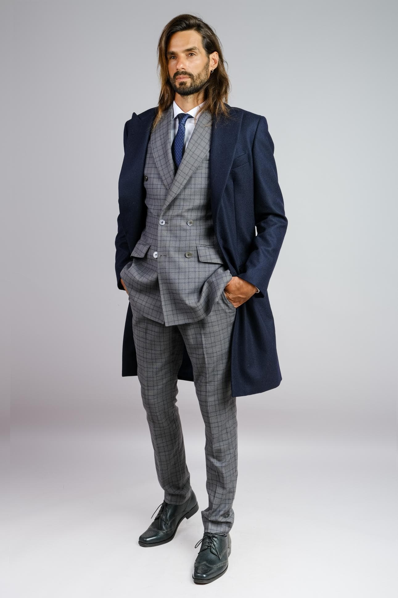 GREY CHECK 3-PIECE SUIT & OVERCOAT