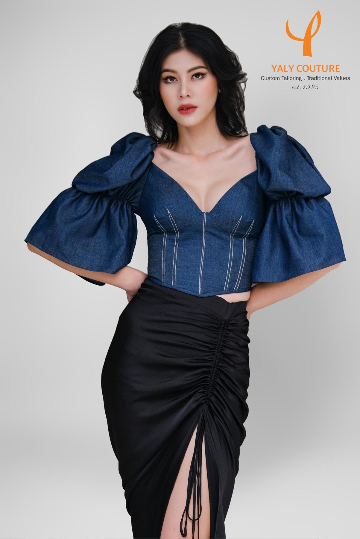 STYLISH JEAN TOP WITH PUFFY SLEEVES