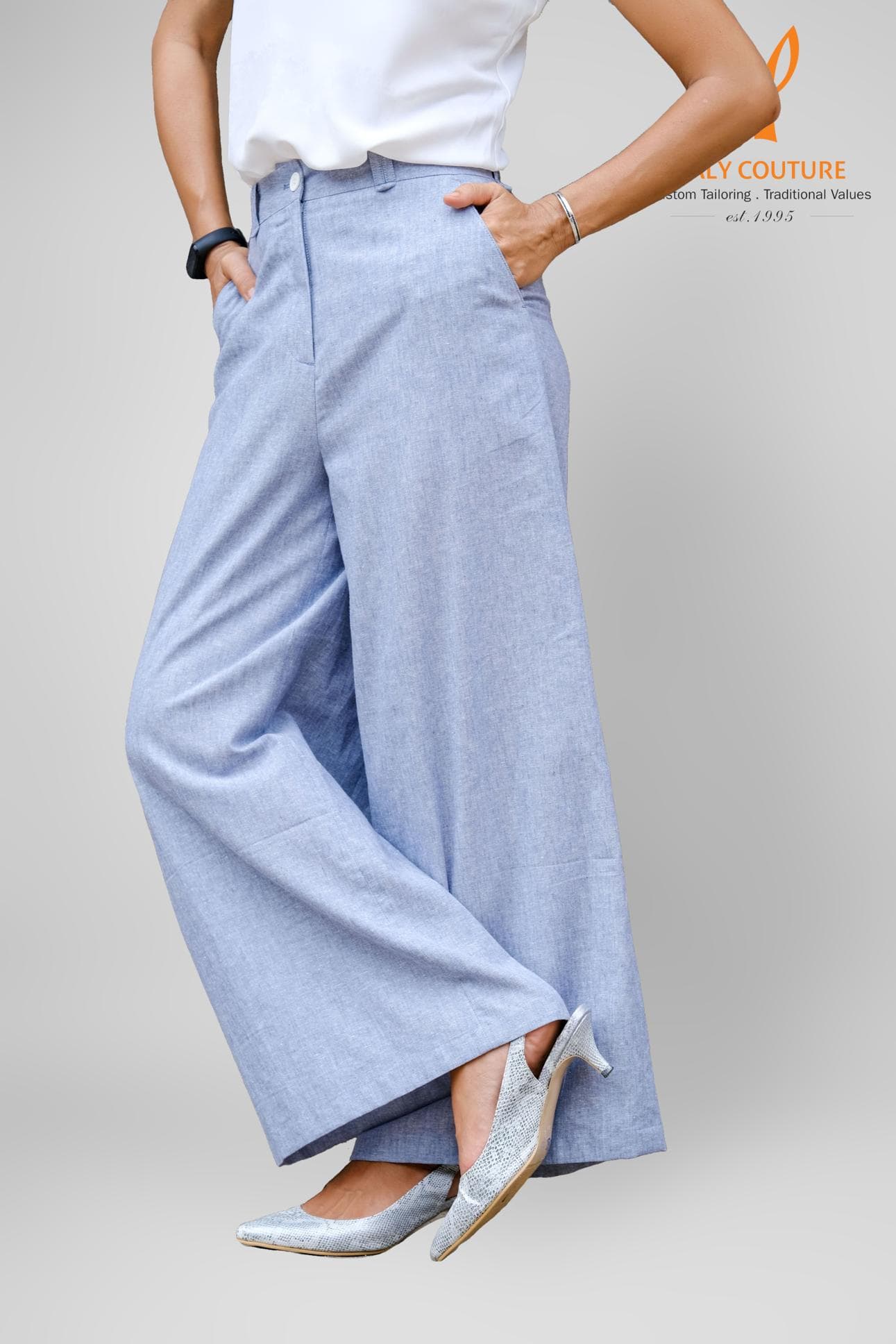 CLASSIC BLUE LINEN WIDE TROUSERS