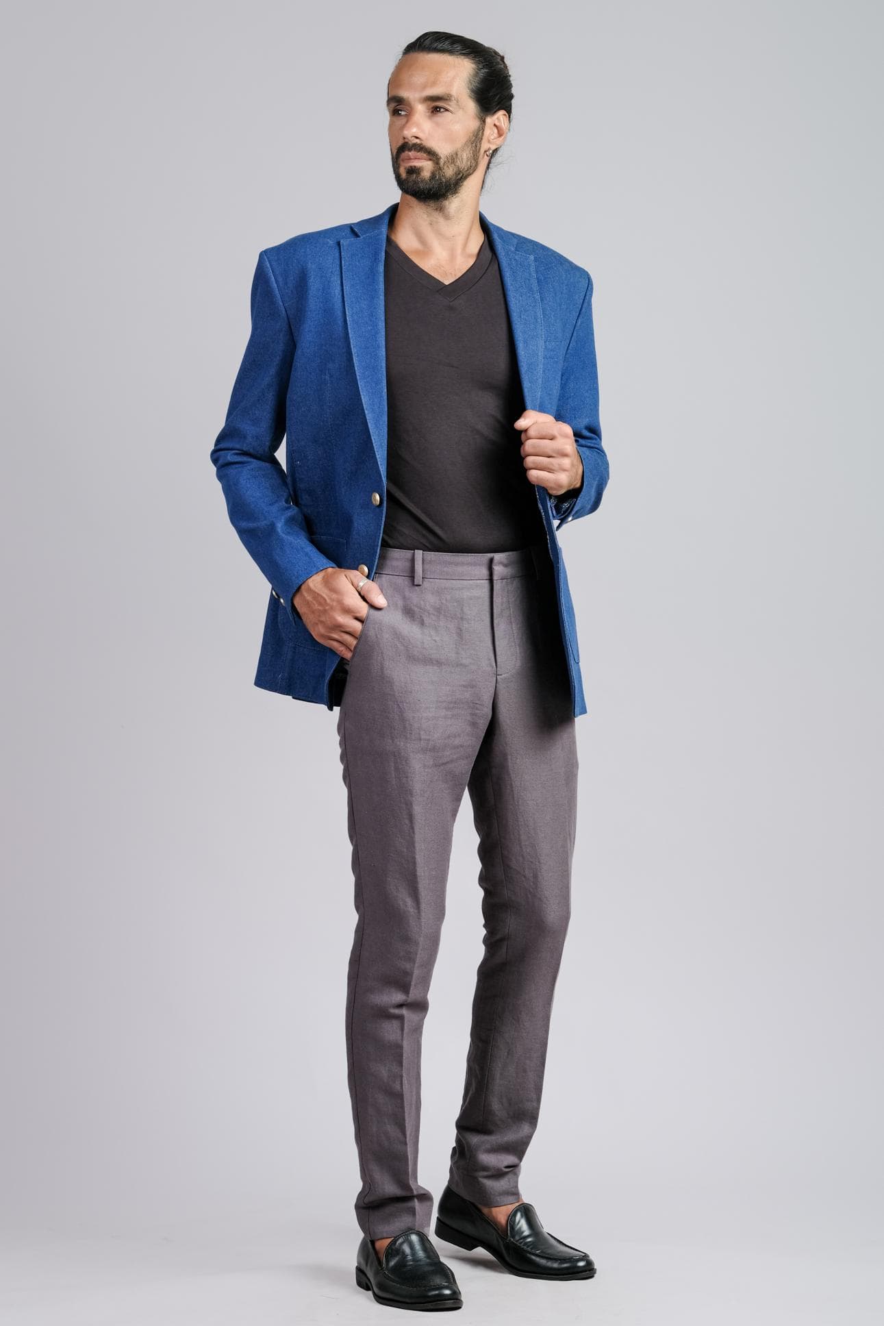 CASUAL DUO DENIM JACKET & LINEN PANTS 2-PIECE SUIT