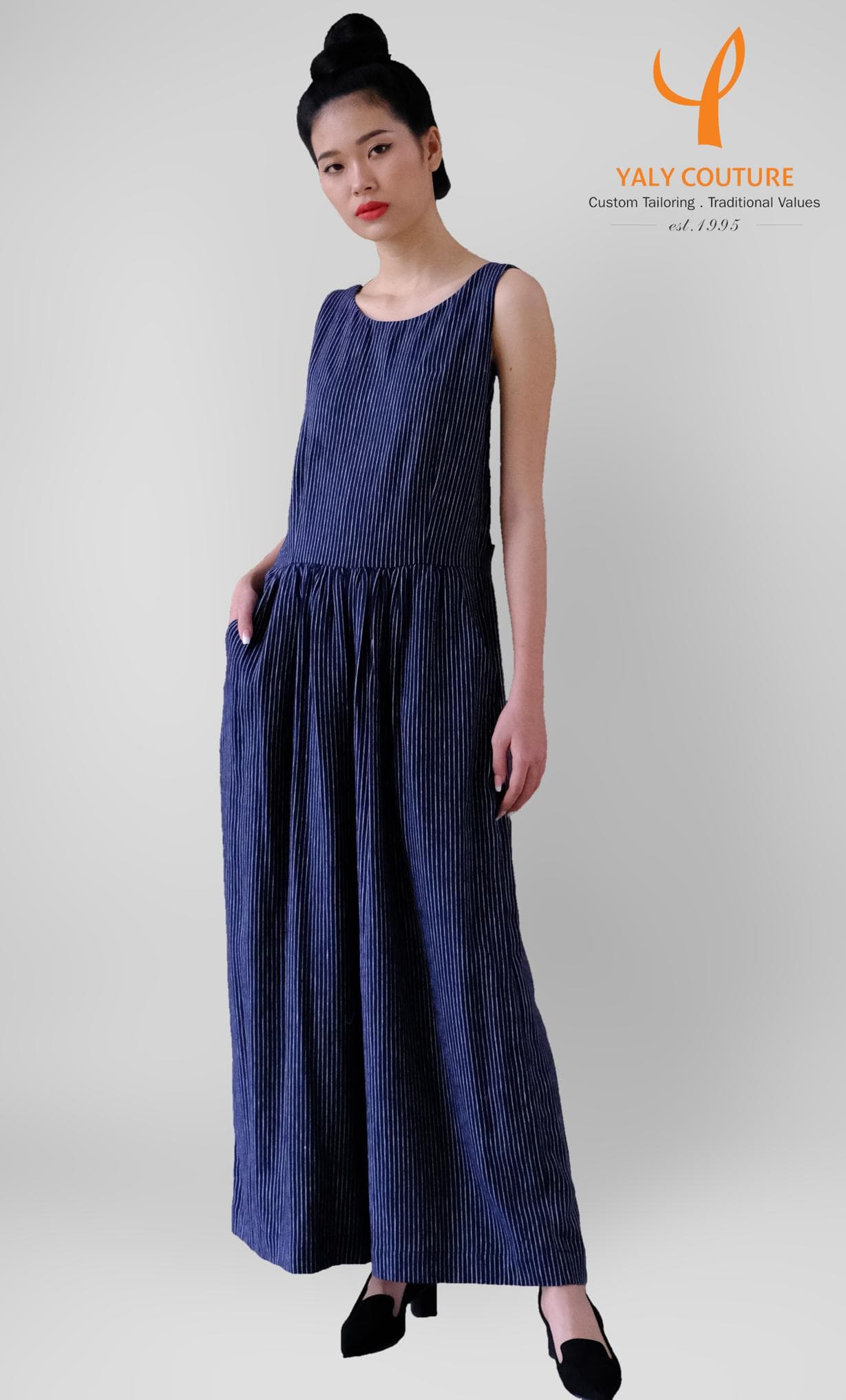 JUMSUIT LINEN SỌC XANH