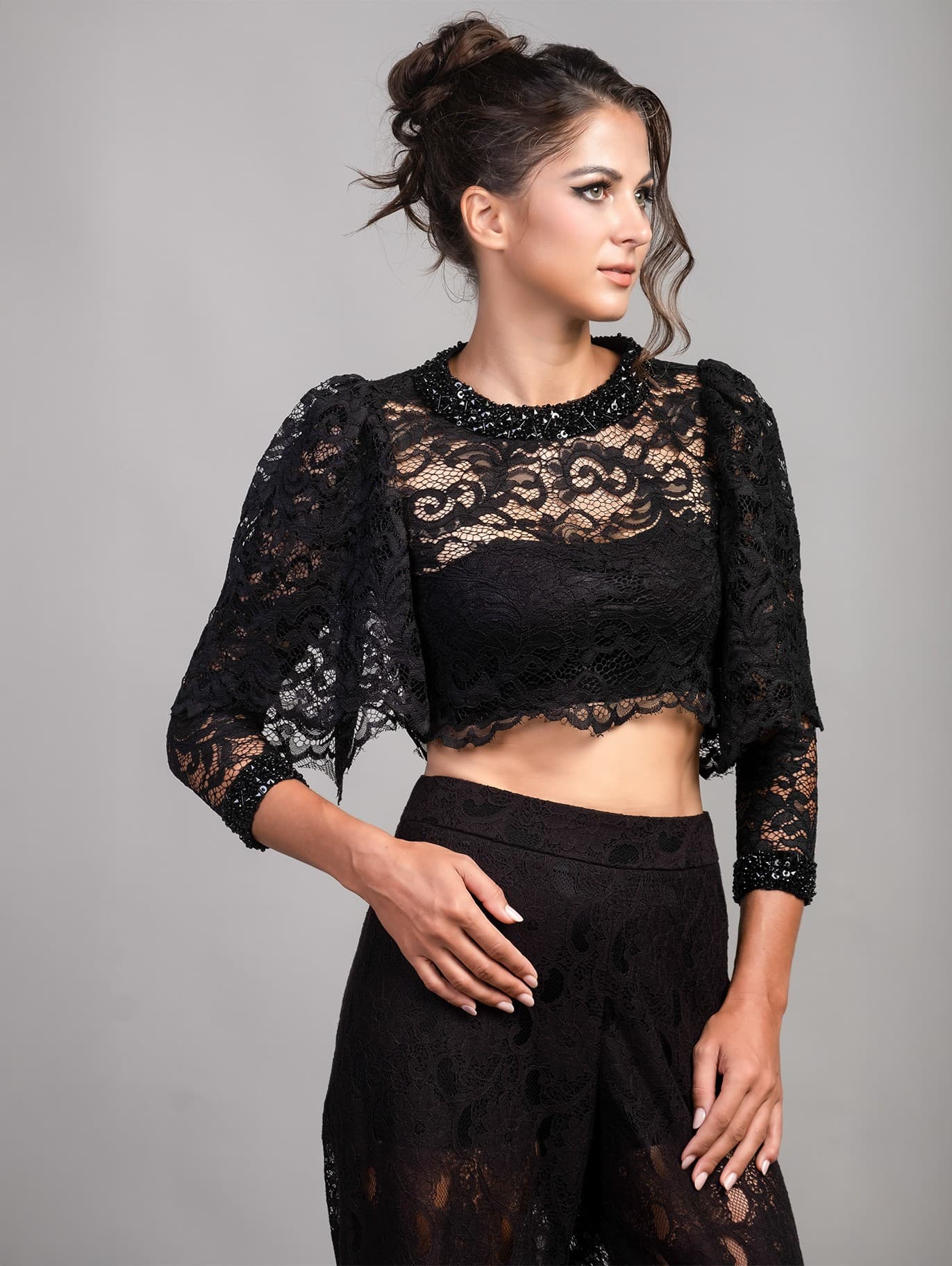 MILKY WAY LACE TOP WITH EMBELLISHMENTS