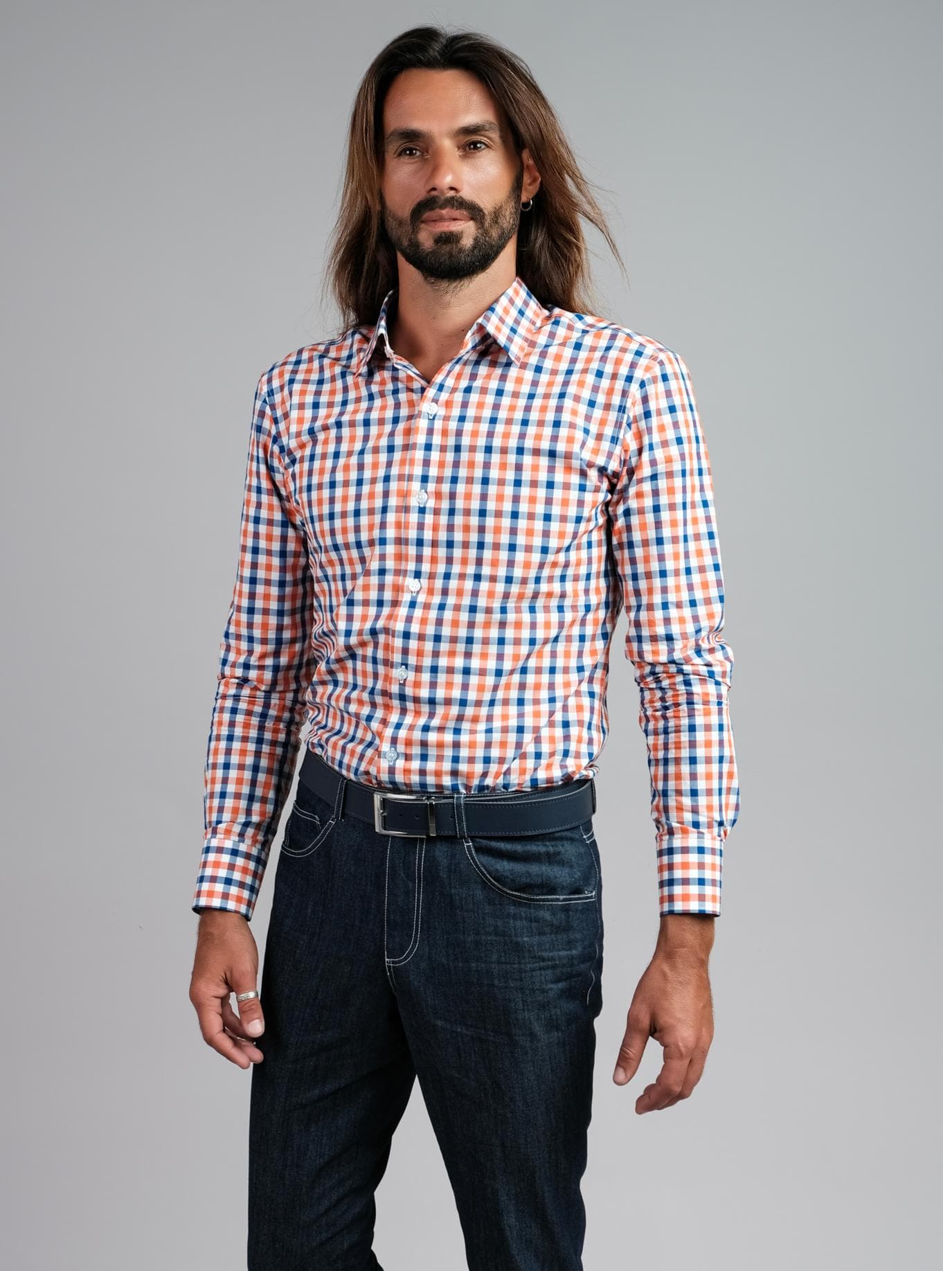 ORANGE AND BLUE CHECK COTTON SHIRT