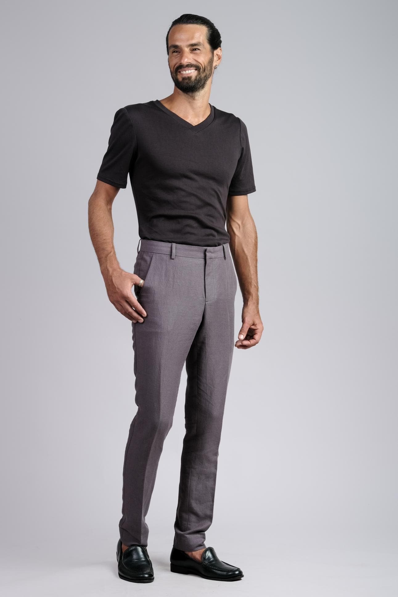 SLIM FIT DARK GREY LINEN PANTS