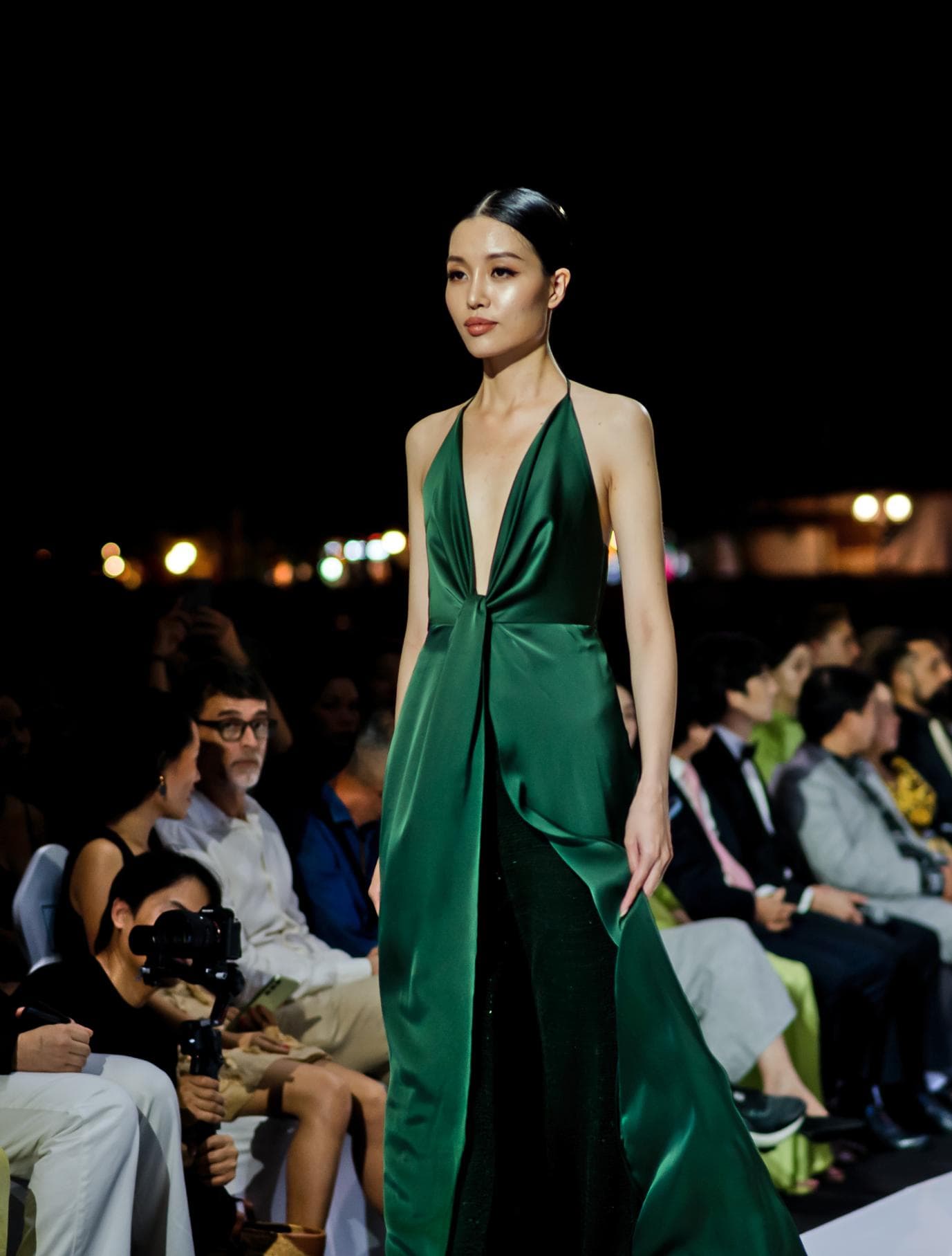 GREEN HALTERNECK SILK DRESS