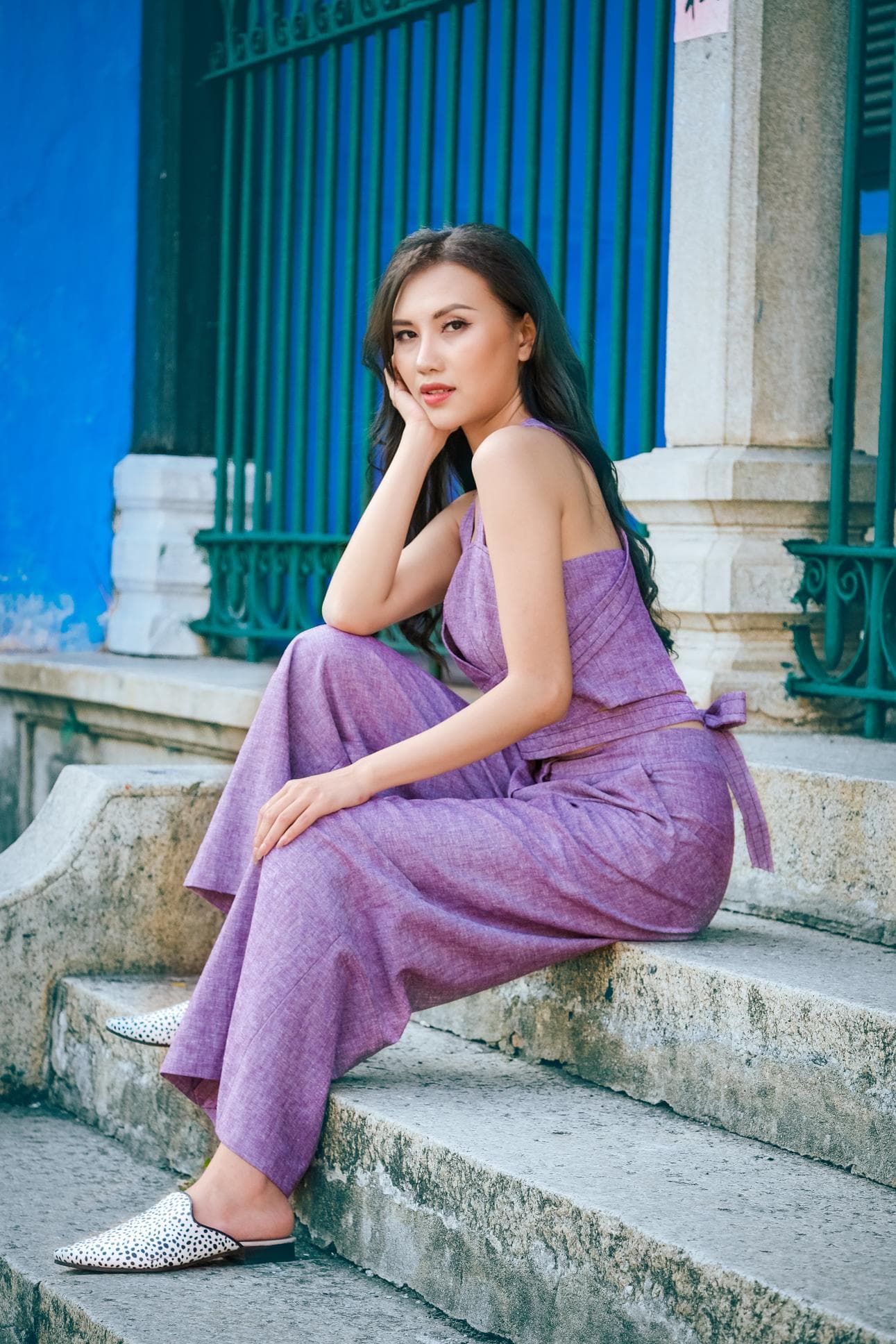 PURPLE LINEN WIDE PANTS