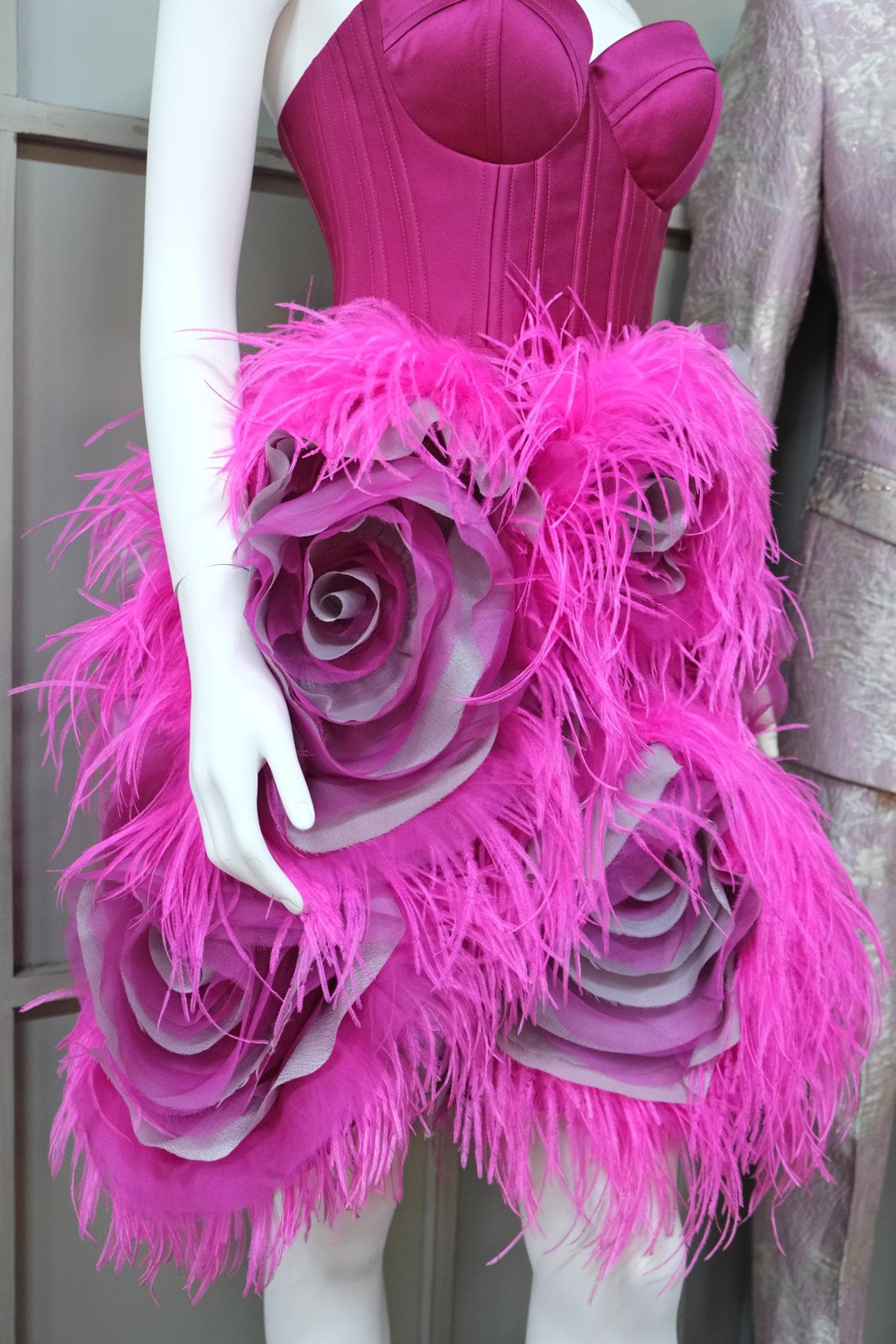 PINK BUSTIER DRESS WITH FEATHER & ROSES