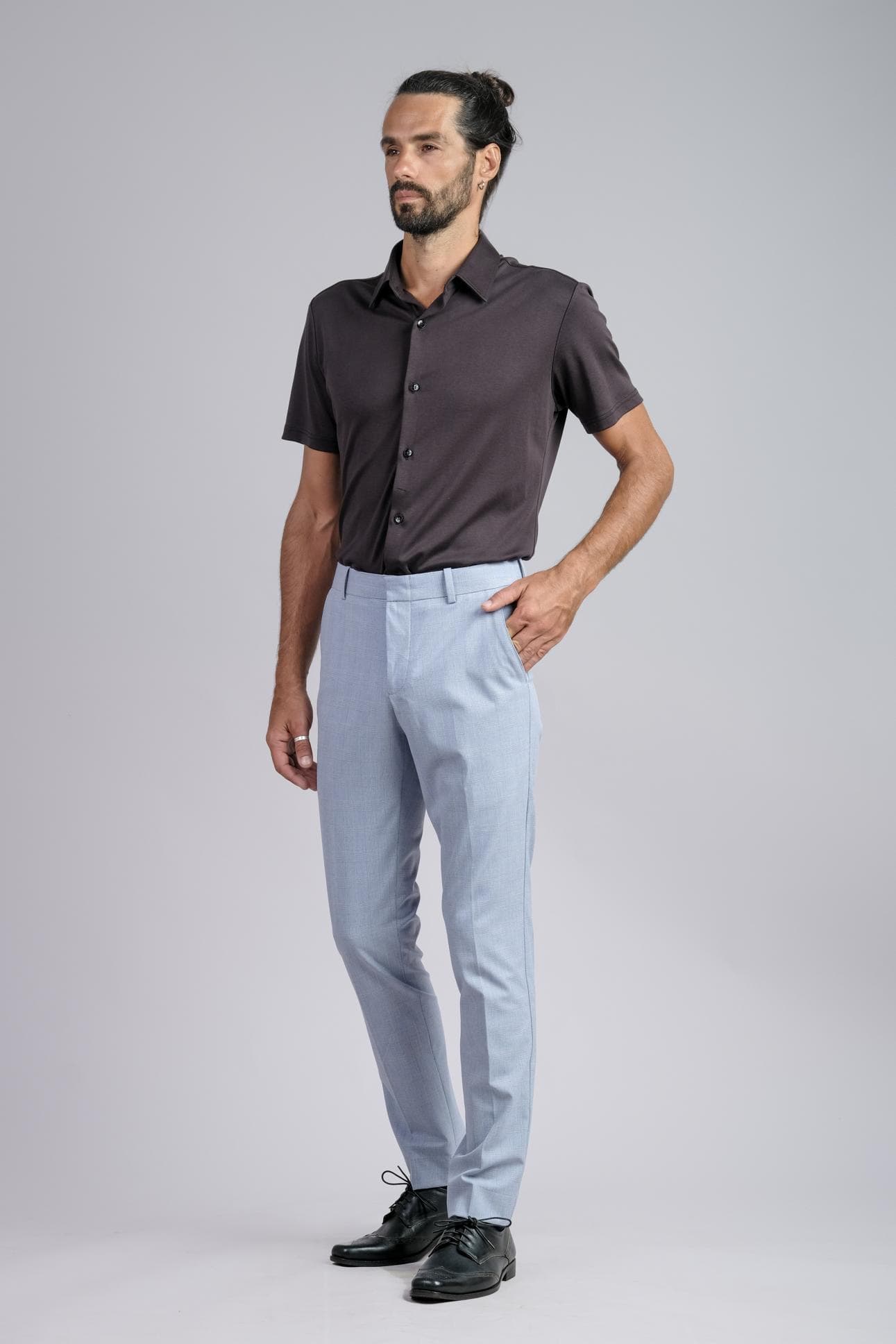 GREY CHECK ITALIAN WOOL SLIM-FIT TROUSERS