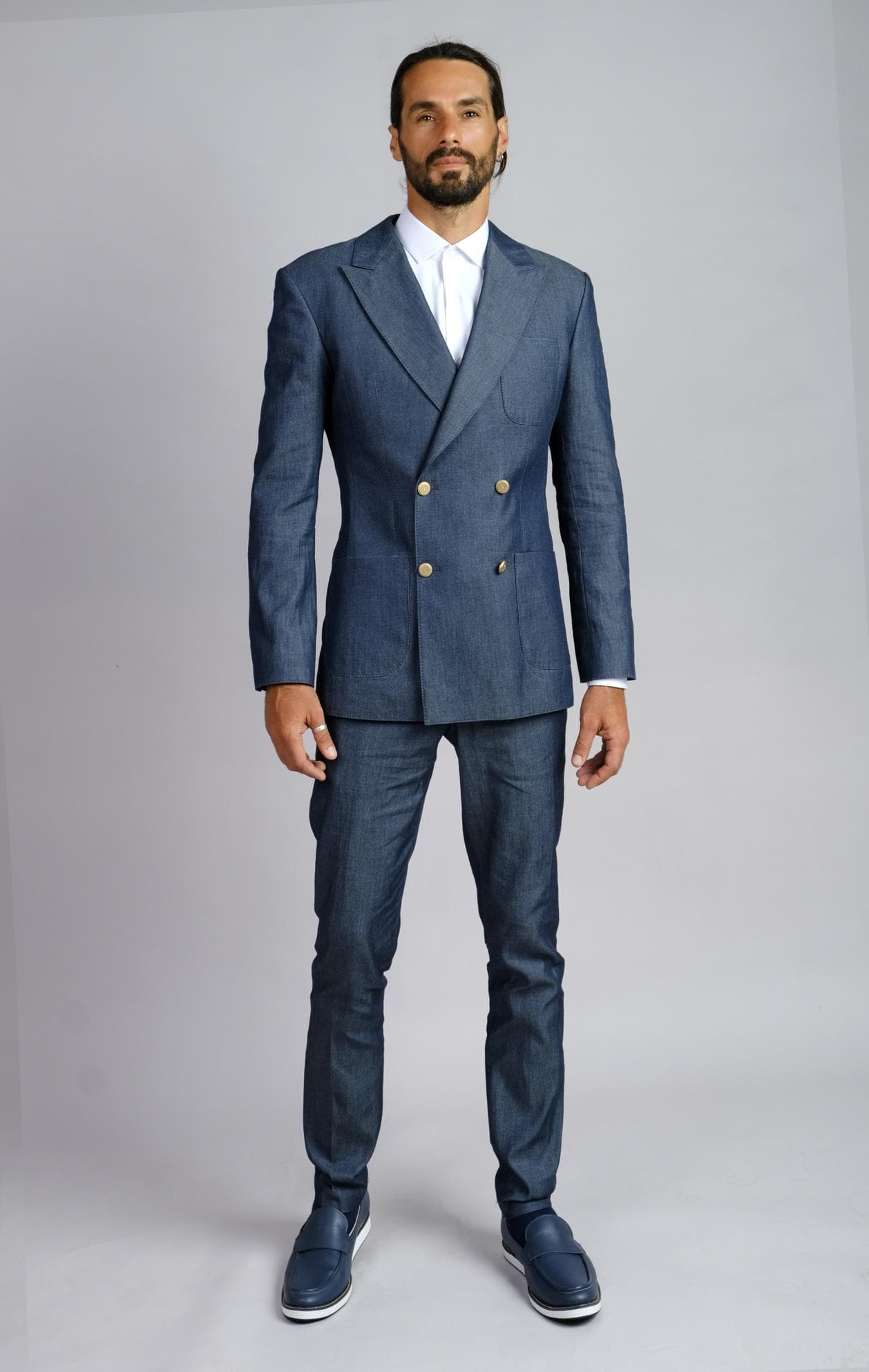 BLUE DENIM DOUBLE BREASTED 2-PIECE SUIT