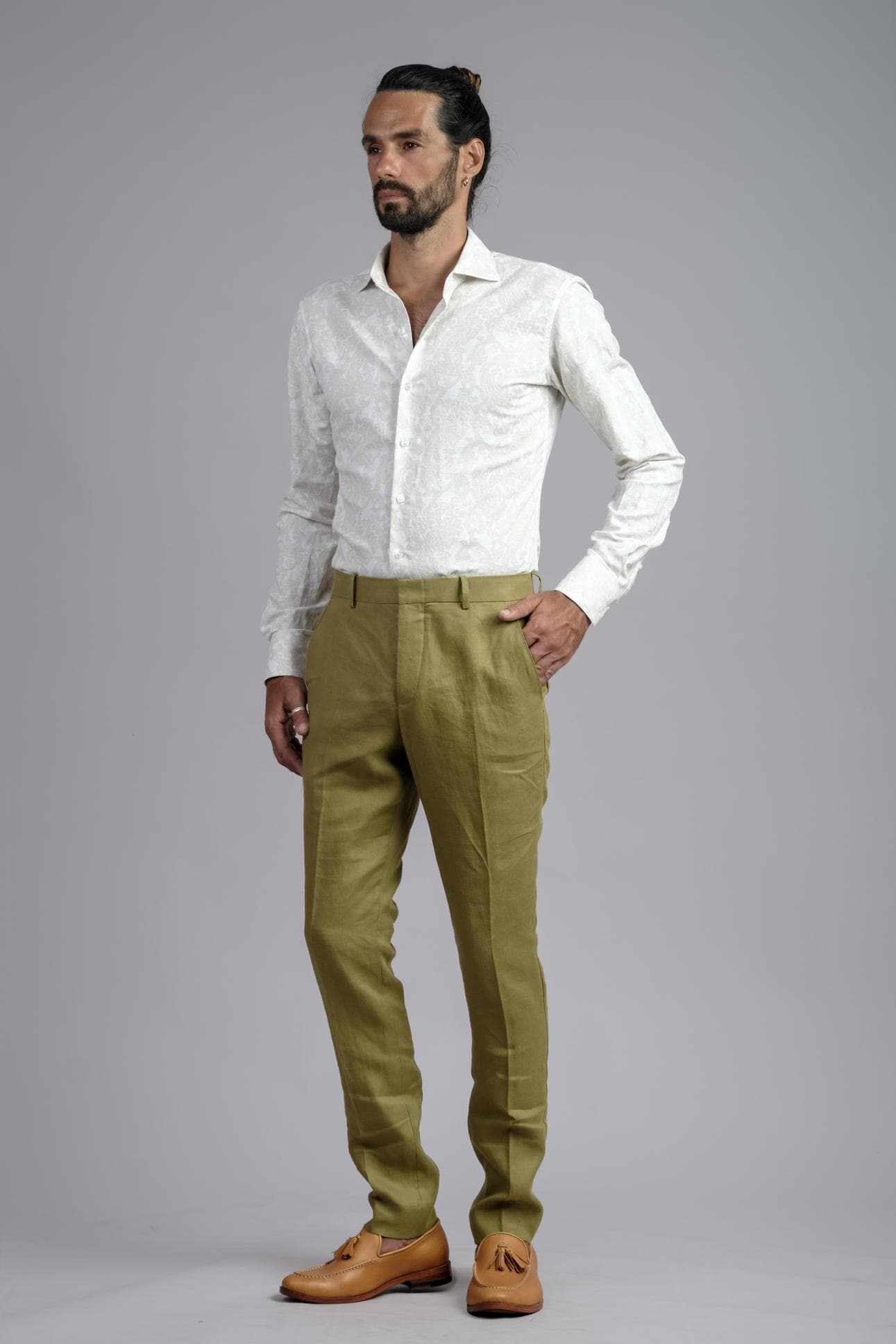 OLIVE ESSENCE SLIM-FIT LINEN TROUSERS