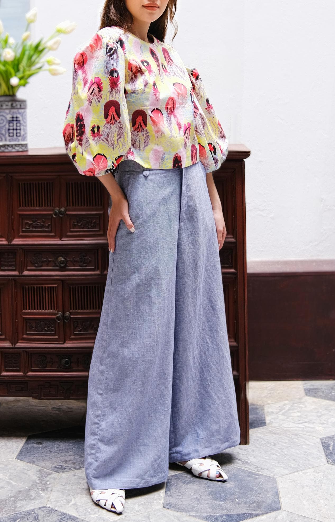 CLASSIC BLUE LINEN WIDE TROUSERS