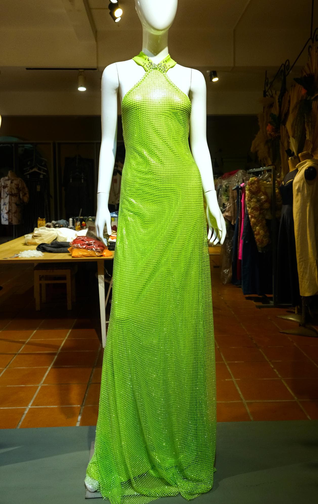 GREEN METALLIC MESH LONG DRESS