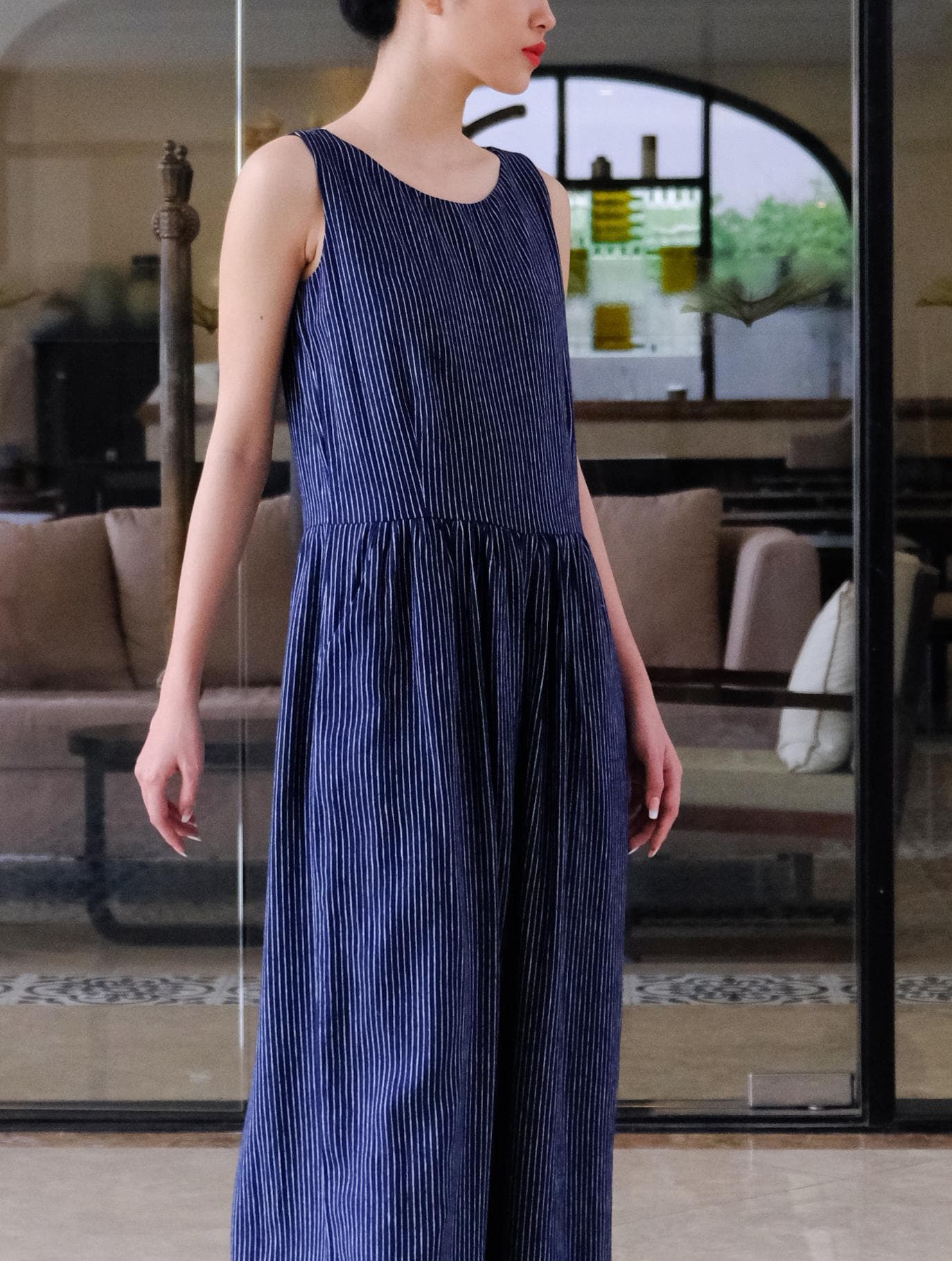 JUMSUIT LINEN SỌC XANH