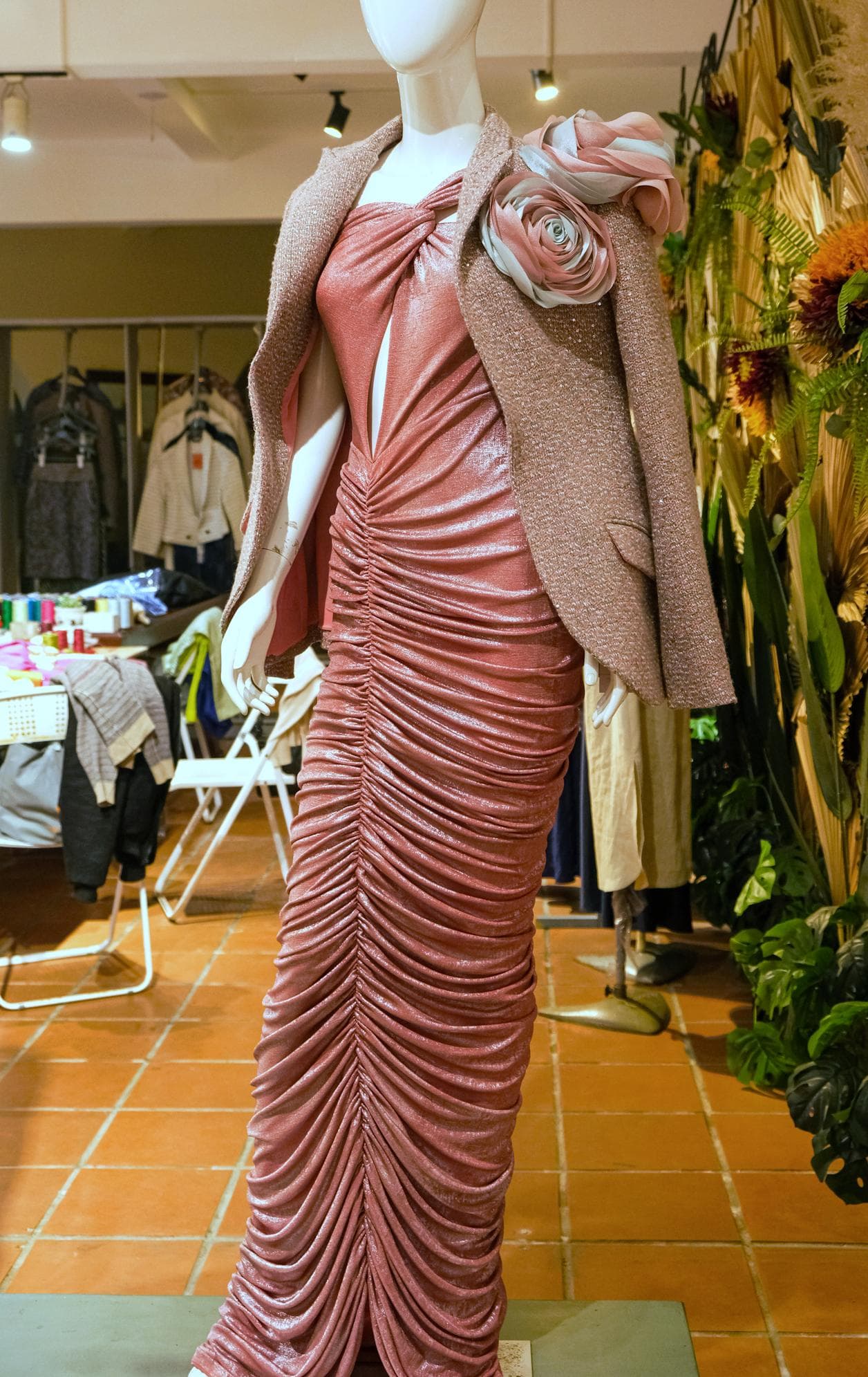 RUCHED PINK METALLIC LONG DRESS 