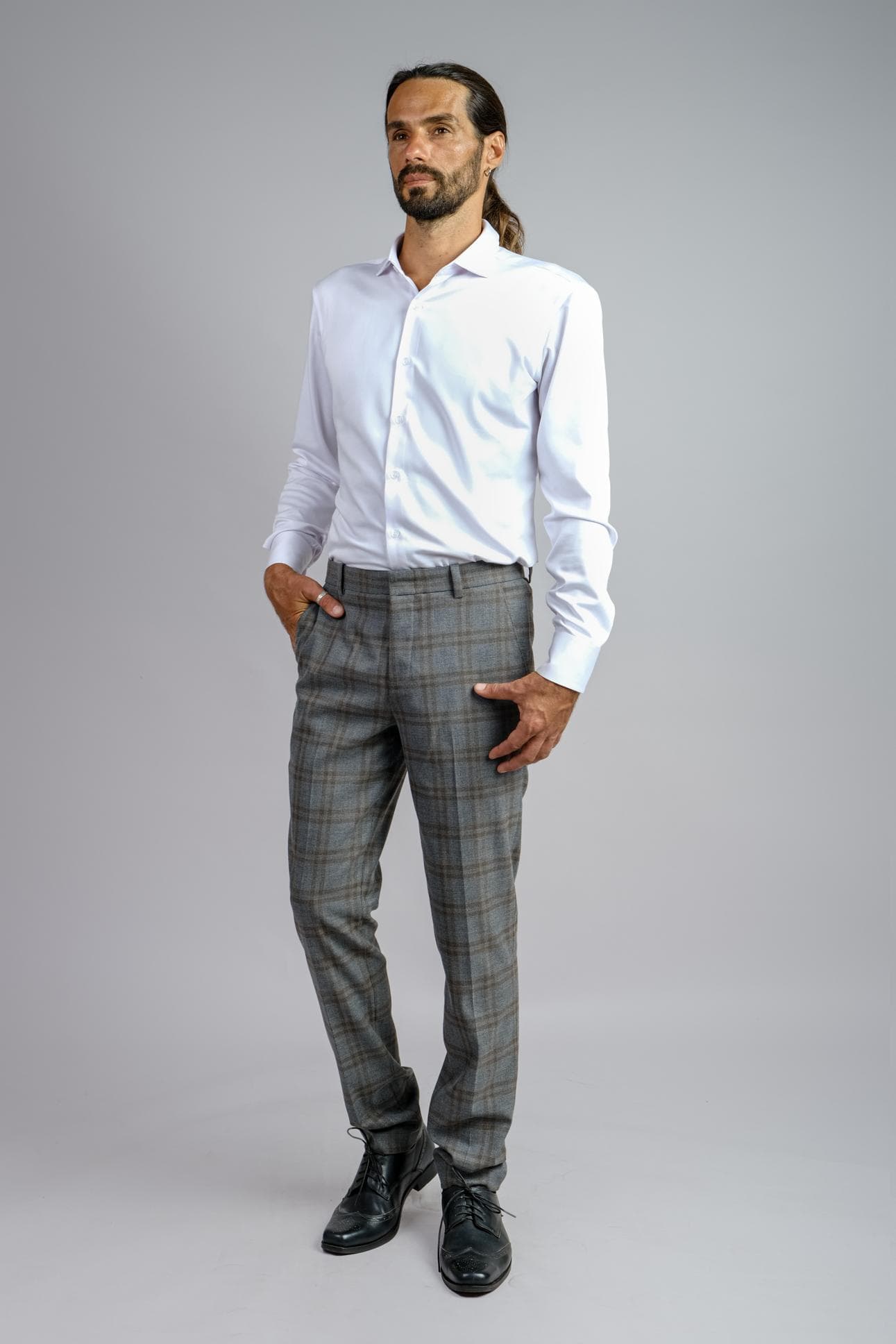 GREY CHECK ITALIAN WOOL TROUSERS