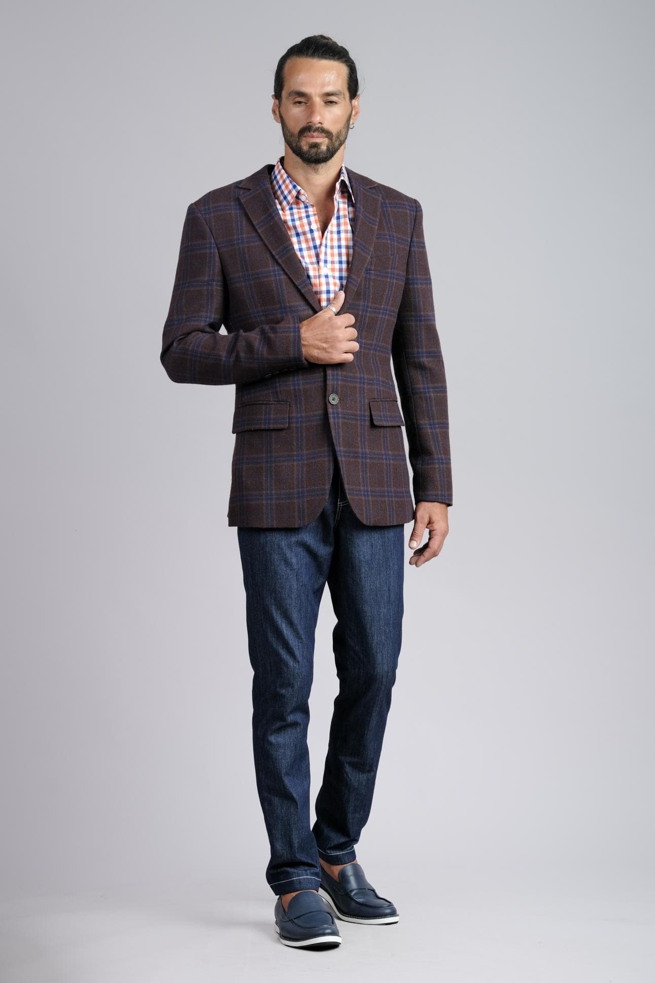 CHECK WOOL JACKET & DARK DENIM 2-PIECE SUIT