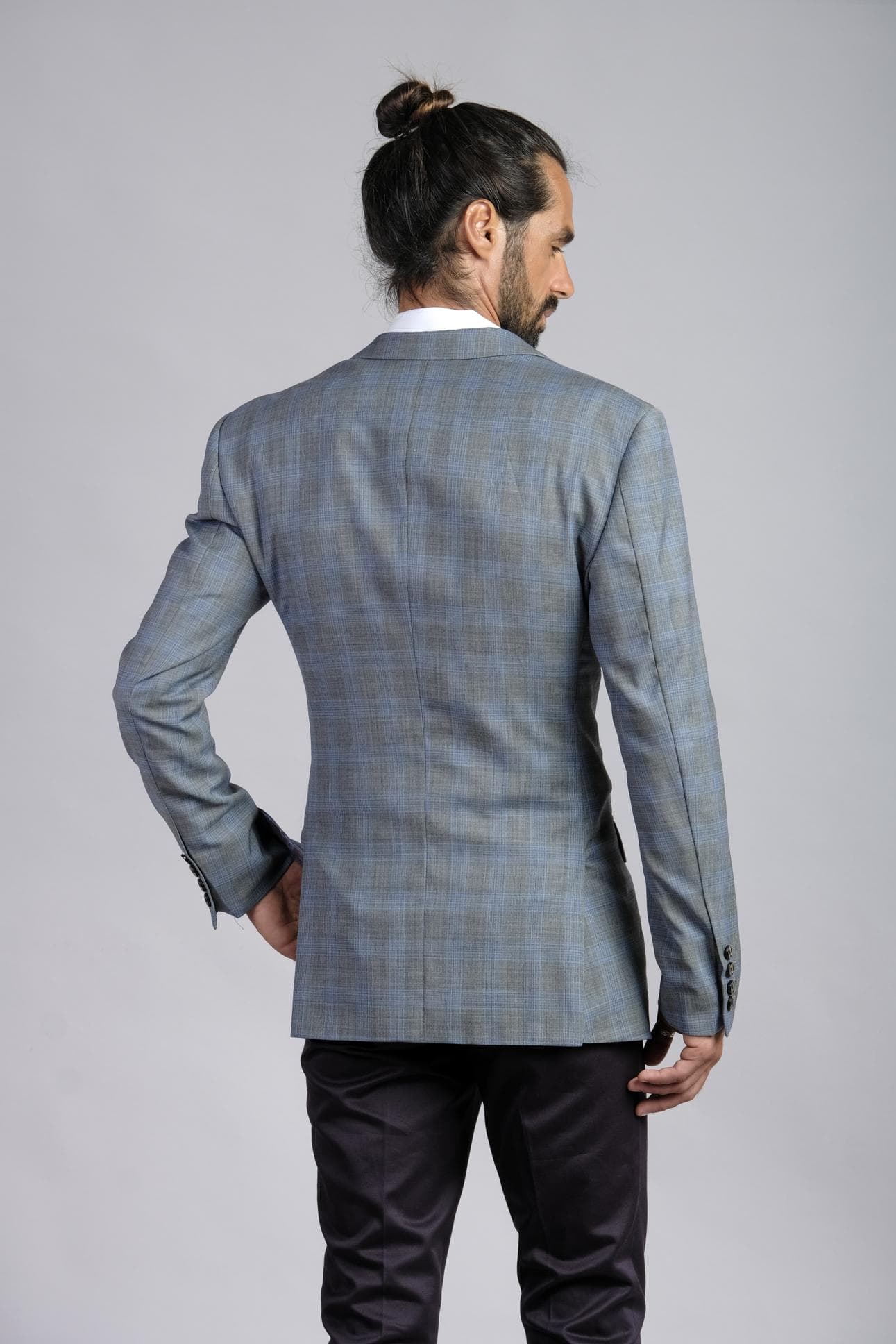 LUXURIOUS GREY & BLUE CHECK WOOL JACKET