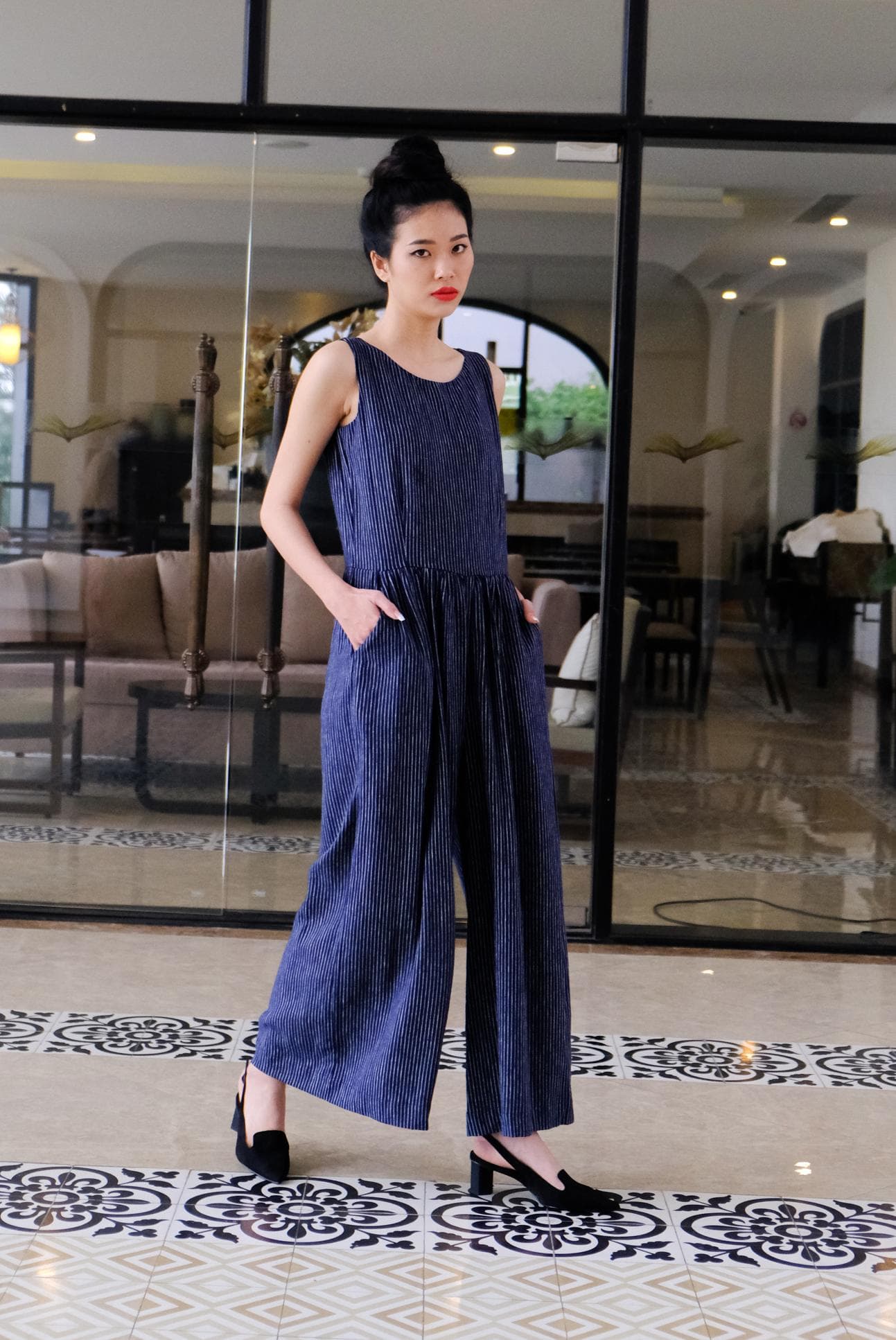 JUMSUIT LINEN SỌC XANH