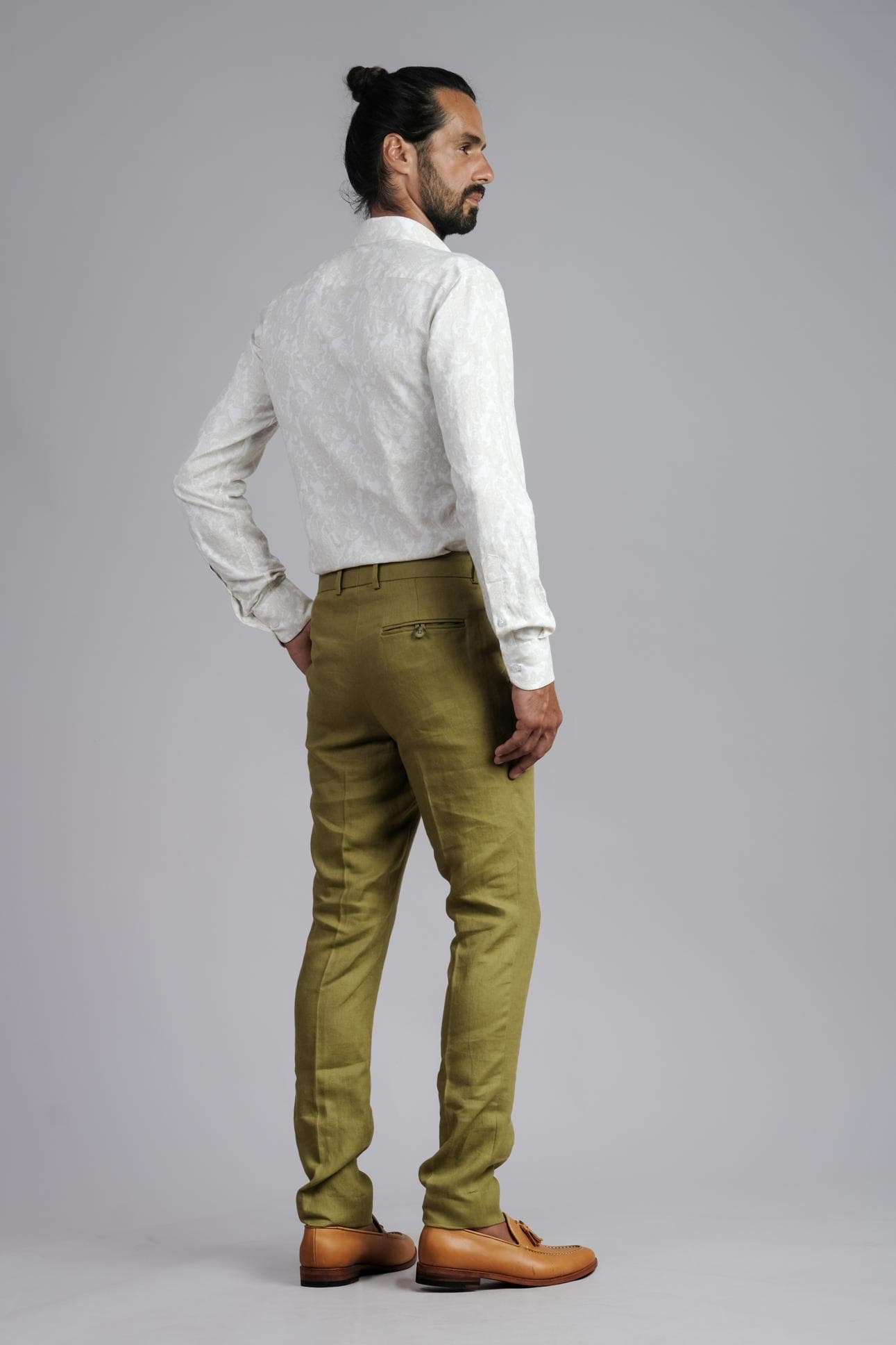 OLIVE ESSENCE SLIM-FIT LINEN TROUSERS