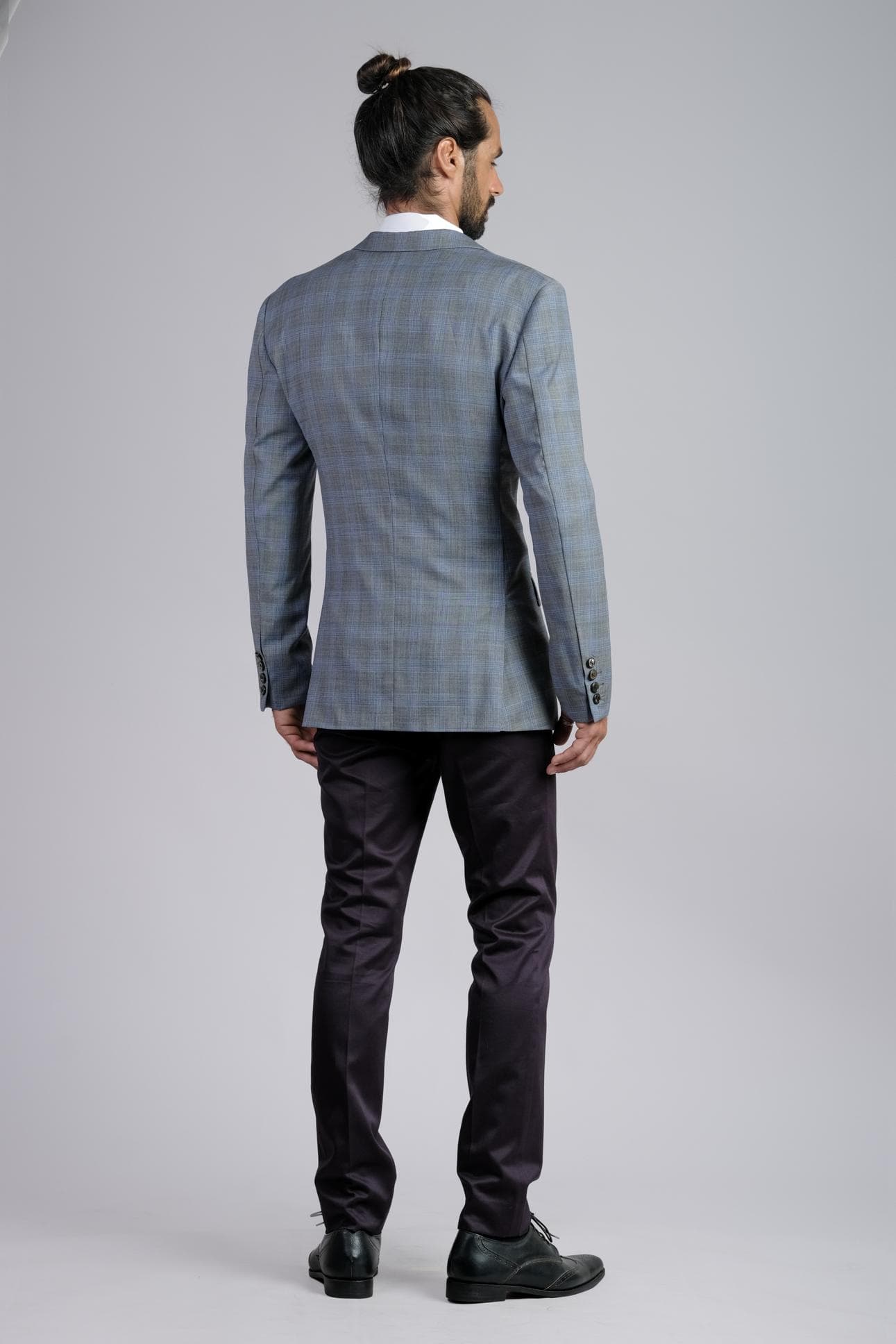 CHECK WOOL JACKET & DARK BLUE COTTON PANTS 2-PIECE SUIT