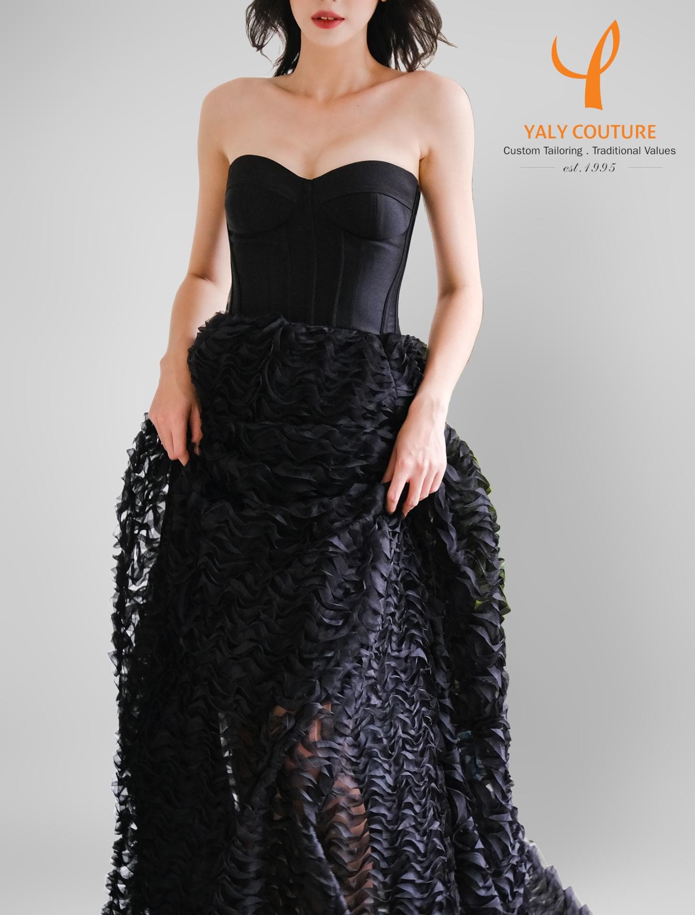 BLACK BUSTIER LAYERS GOWN