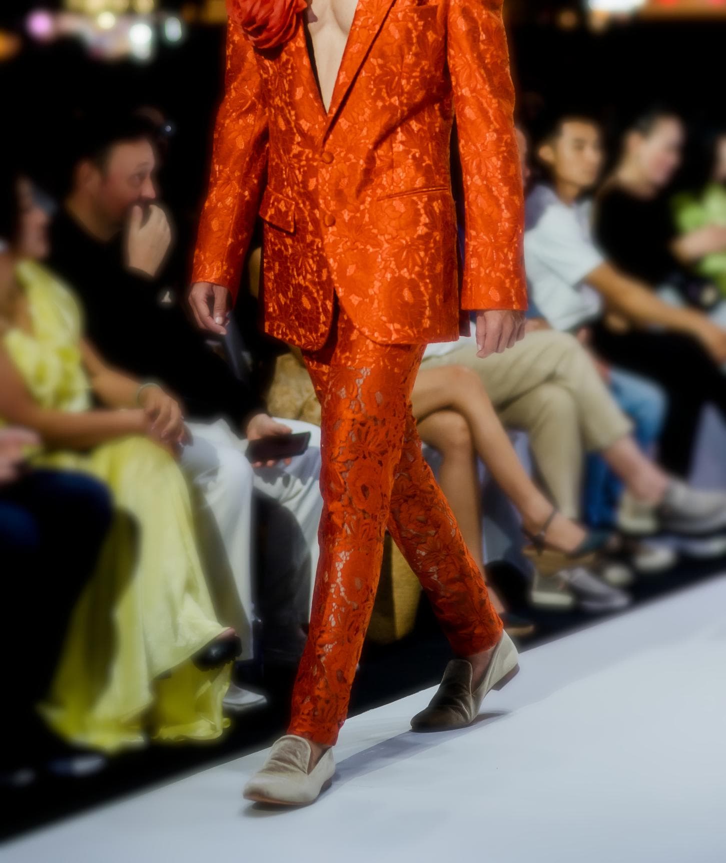 ORANGE LACE OVER WOOL TROUSERS