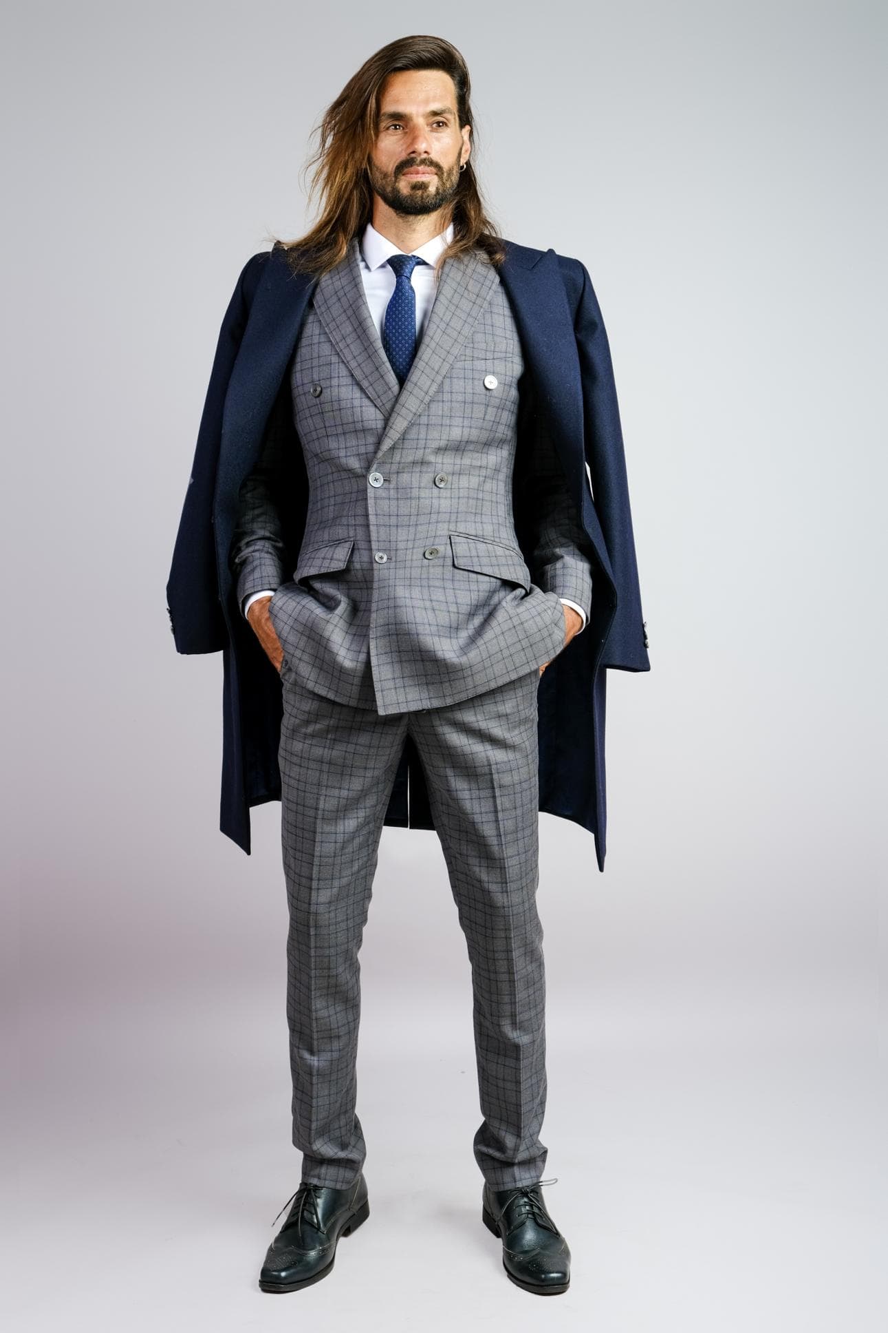 GREY CHECK 3-PIECE SUIT & OVERCOAT