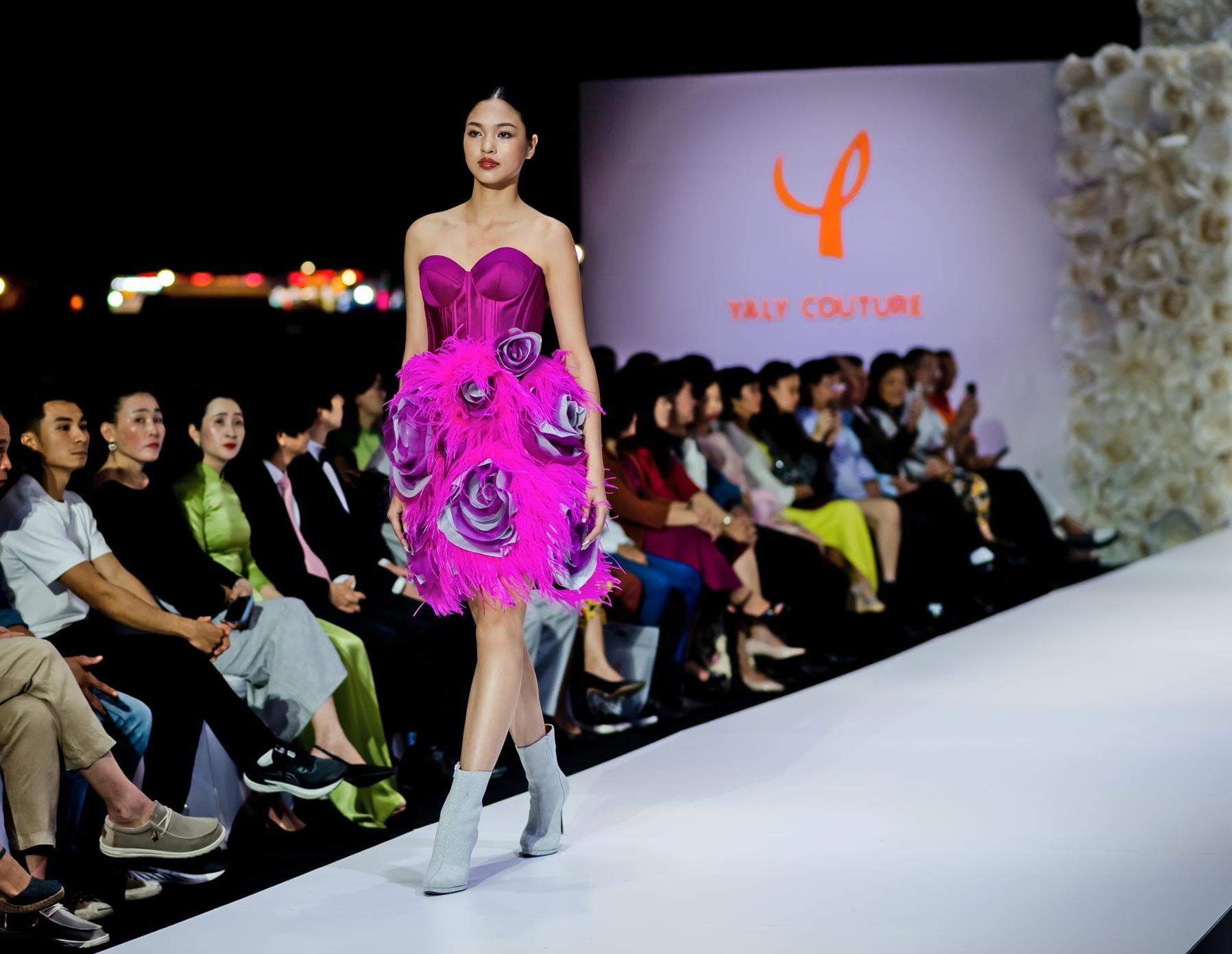 PINK BUSTIER DRESS WITH FEATHER & ROSES