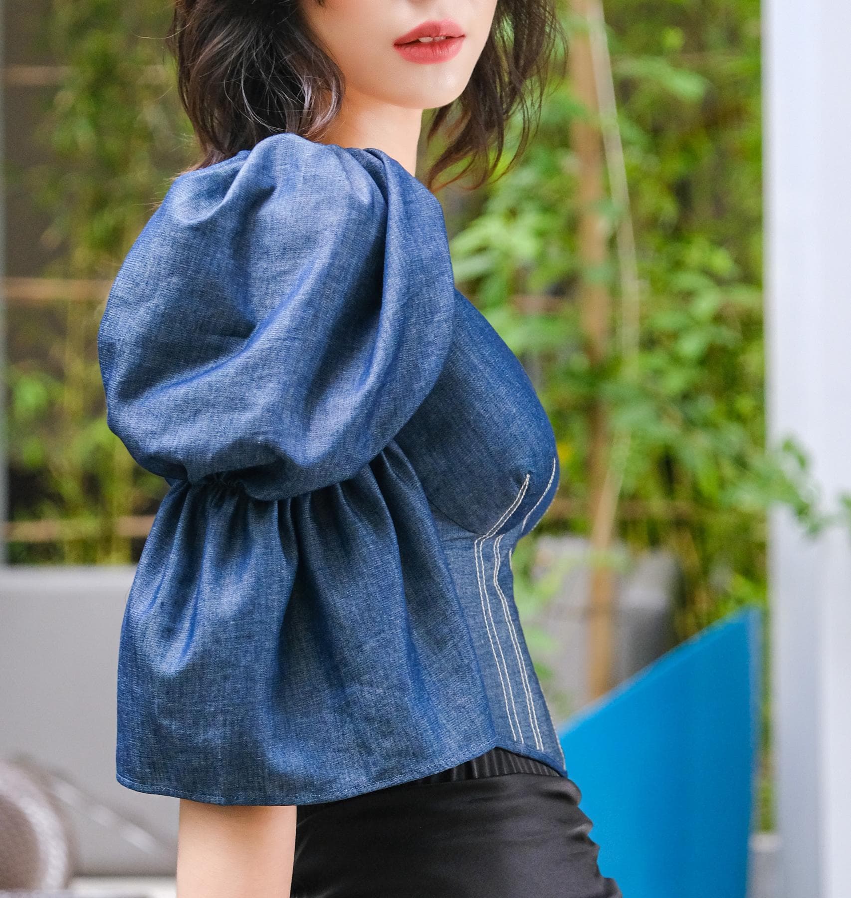 STYLISH JEAN TOP WITH PUFFY SLEEVES