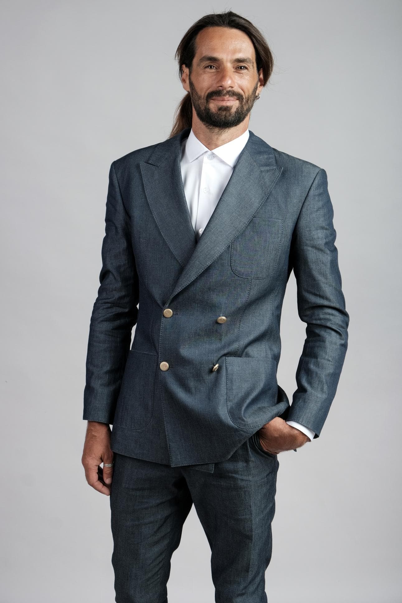 BLUE DENIM DOUBLE BREASTED 2-PIECE SUIT