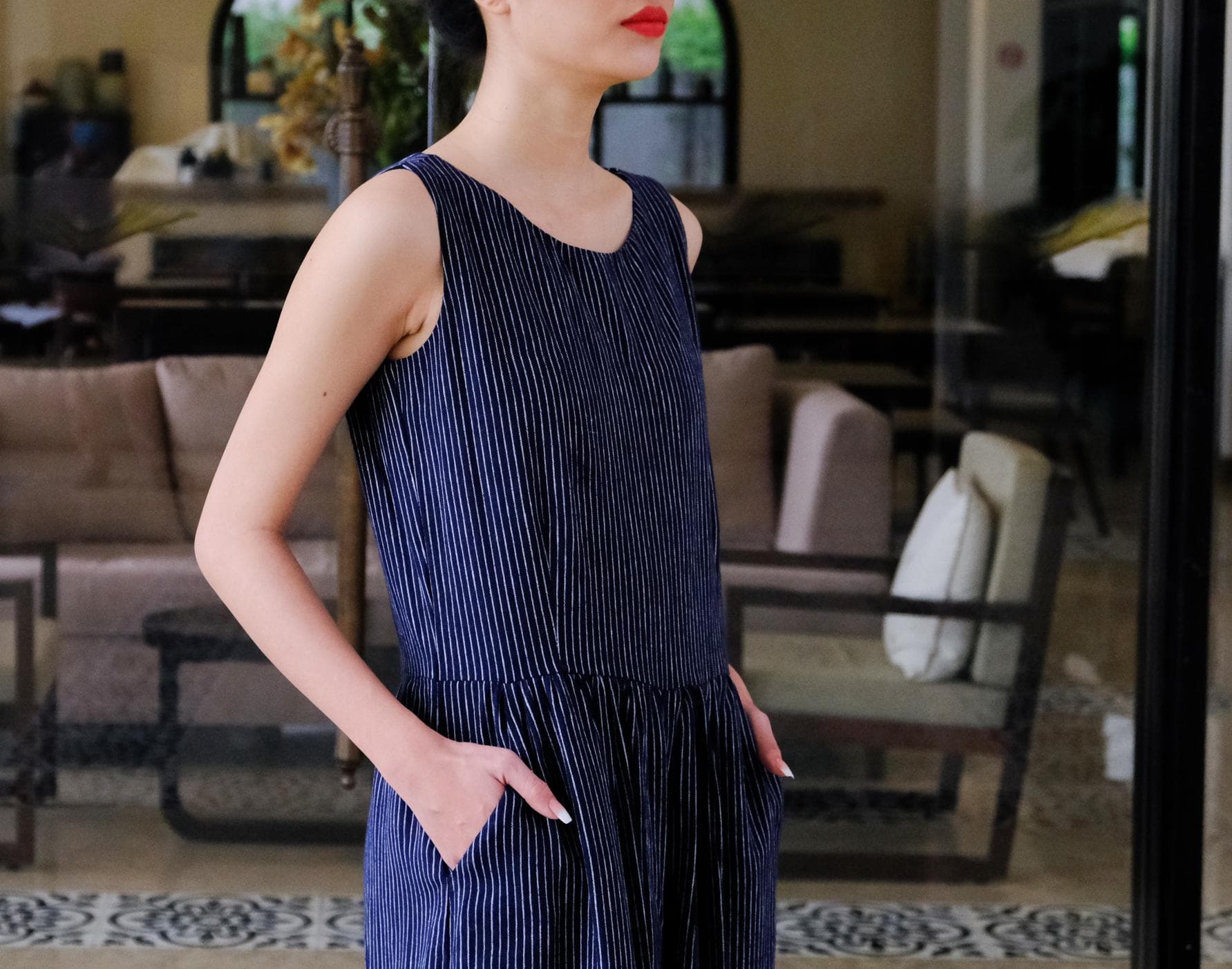 JUMSUIT LINEN SỌC XANH