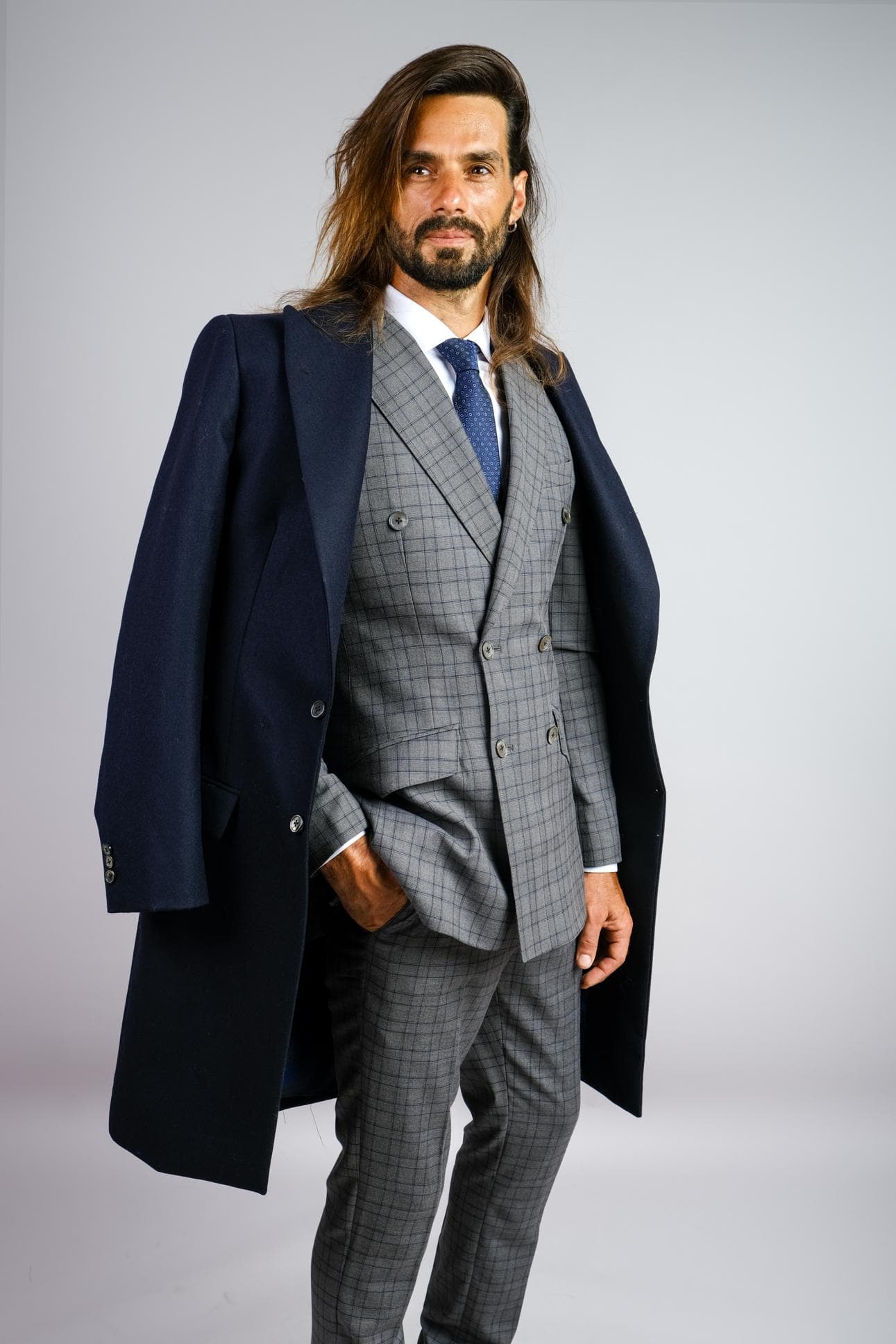 GREY CHECK 3-PIECE SUIT & OVERCOAT