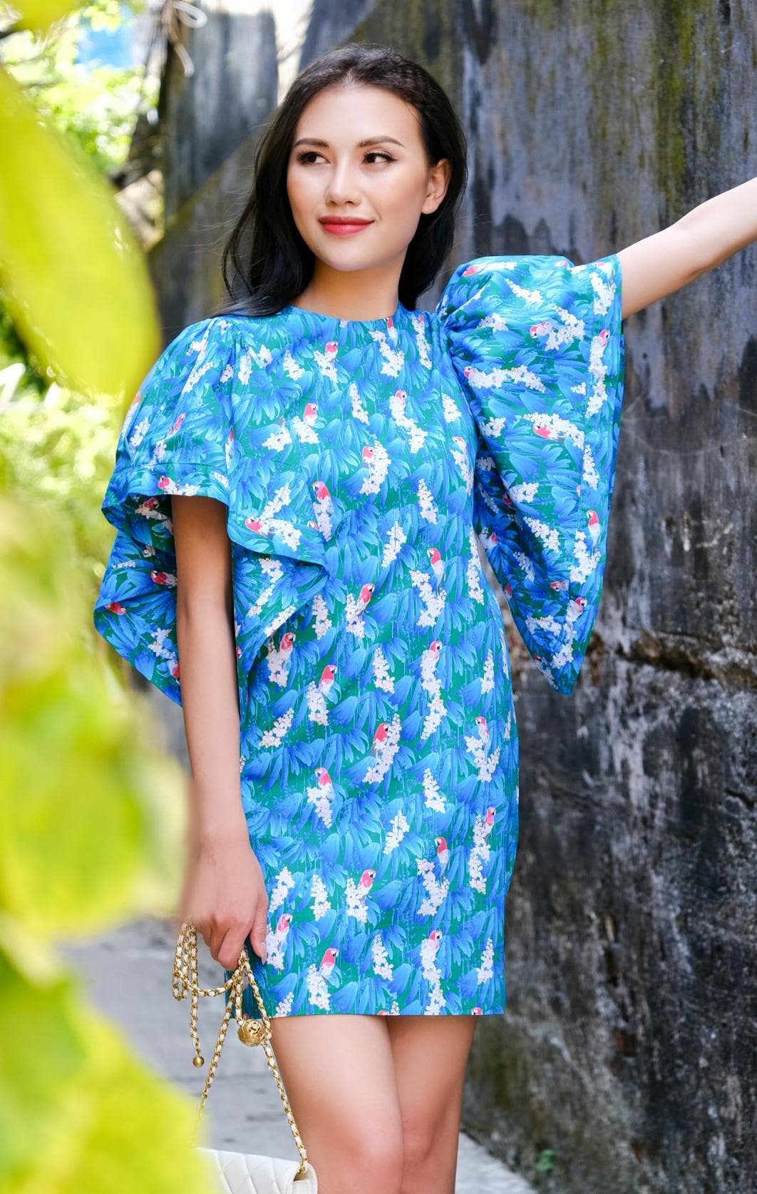 BUTTERFLY SLEEVES COTTON MIDI DRESS