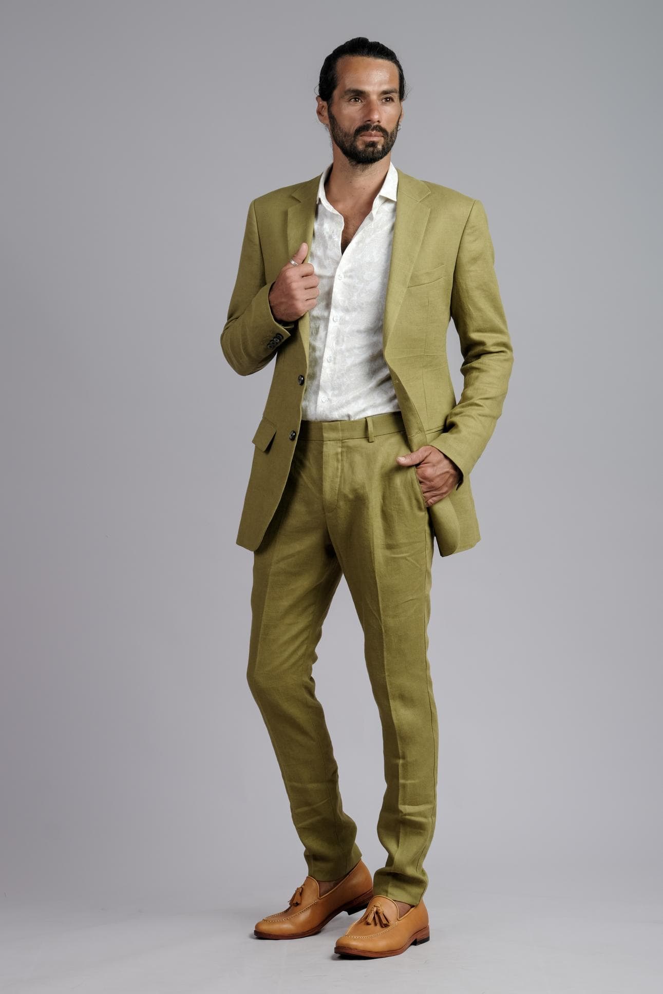 OLIVE ESSENCE SLIM-FIT LINEN TROUSERS