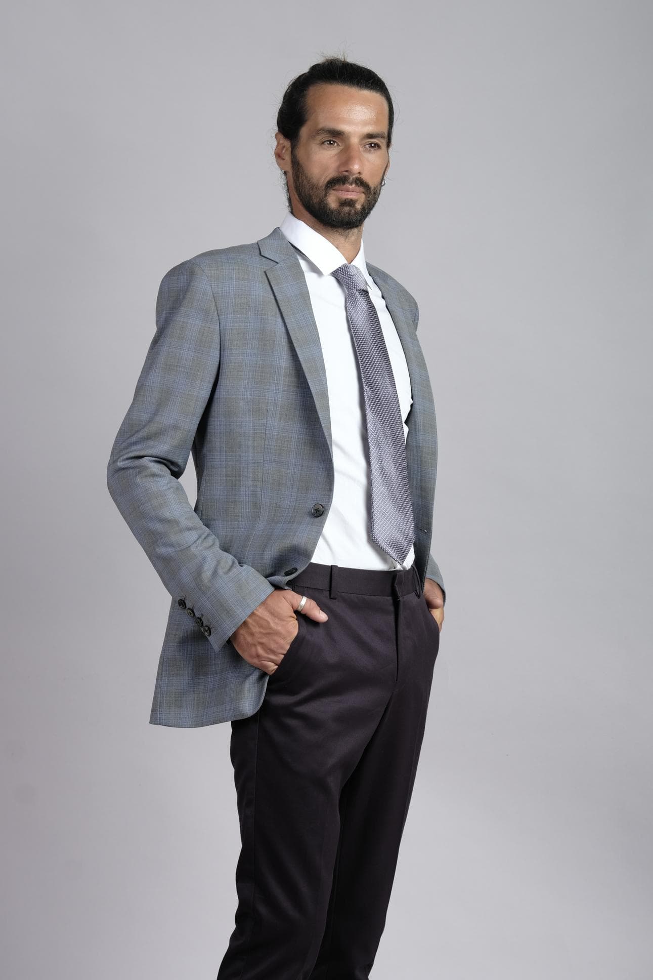 LUXURIOUS GREY & BLUE CHECK WOOL JACKET