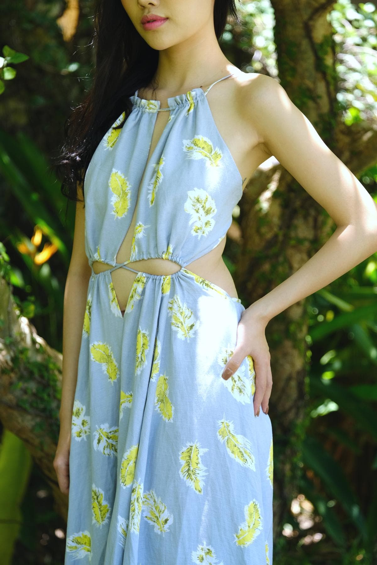 FLORAL CUT-OUT LINEN MAXI DRESS